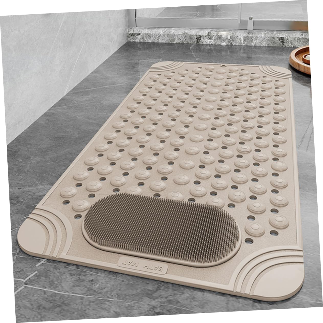 Mobestech Alfombrilla para Ducha Antideslizante de PVC Beige con Ventosas y Orificios de Drenaje, Almohadilla de Masaje para Pies Resistente y Exfoliante para Baño