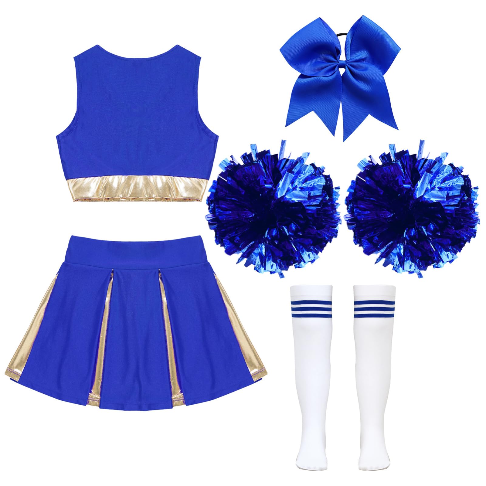 IEFIEL Cheerleading Pompons Fille Pom-Pom Girls Pompoms Haut Jupe Chaussettes Danse Sports Enfant Ensemble Uniforme Scolaire Halloween Fête Performance