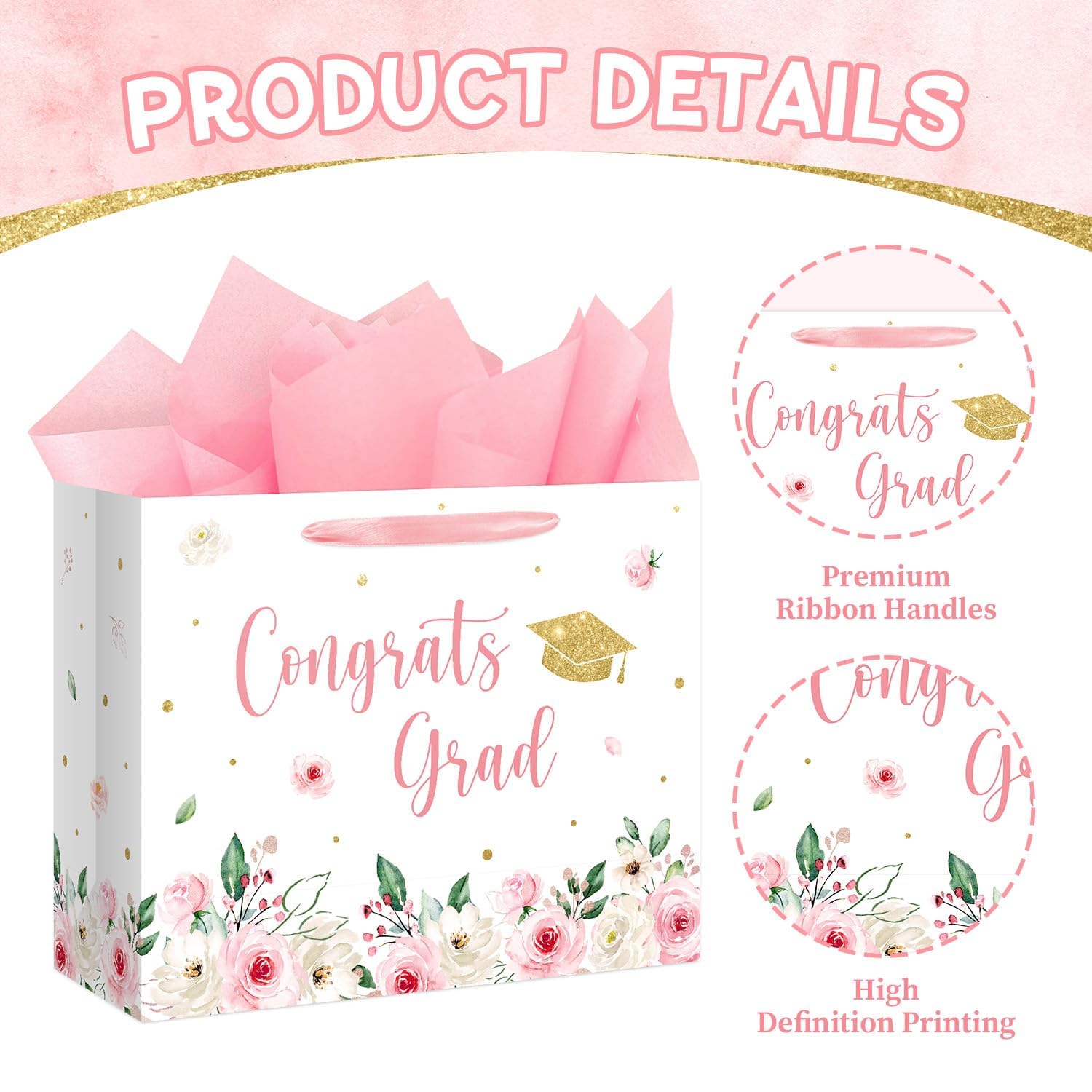Aysimple 13" Large Graduation Gift Bag with Tissue Paper and Greeting Card Congrats Grad Present Bag for Her Pink Flower Gift Party Favor Bags for Girls Female Women Graduation Party Supplies 1Pcs