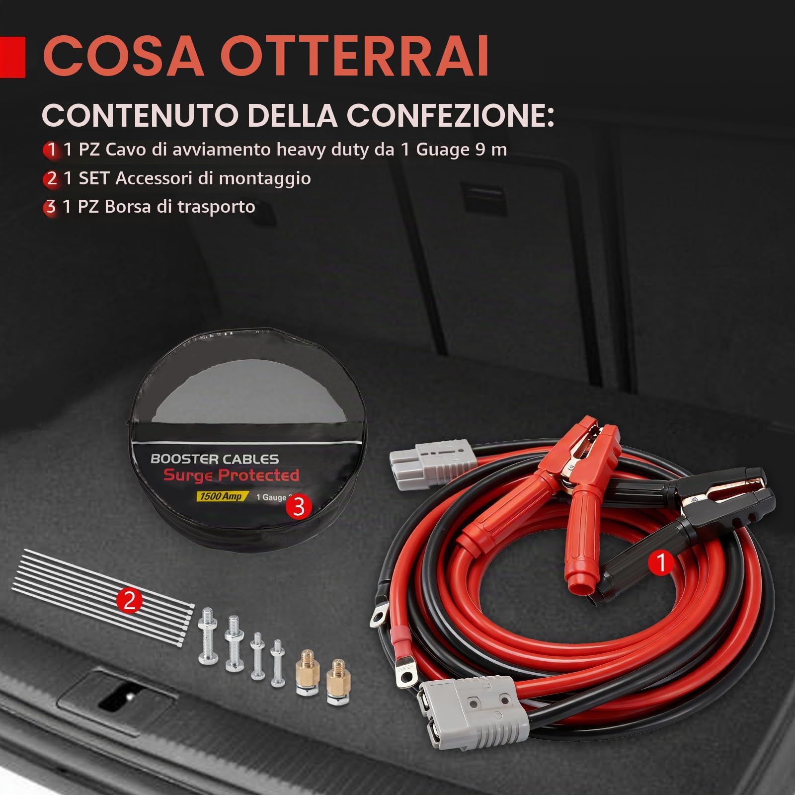 Cavi di avviamento resistenti per batteria auto, 1 calibro 1500 A, 30 m, con connettori di collegamento rapido, borsa da viaggio per camion, SUV, auto, 1 anno di garanzia