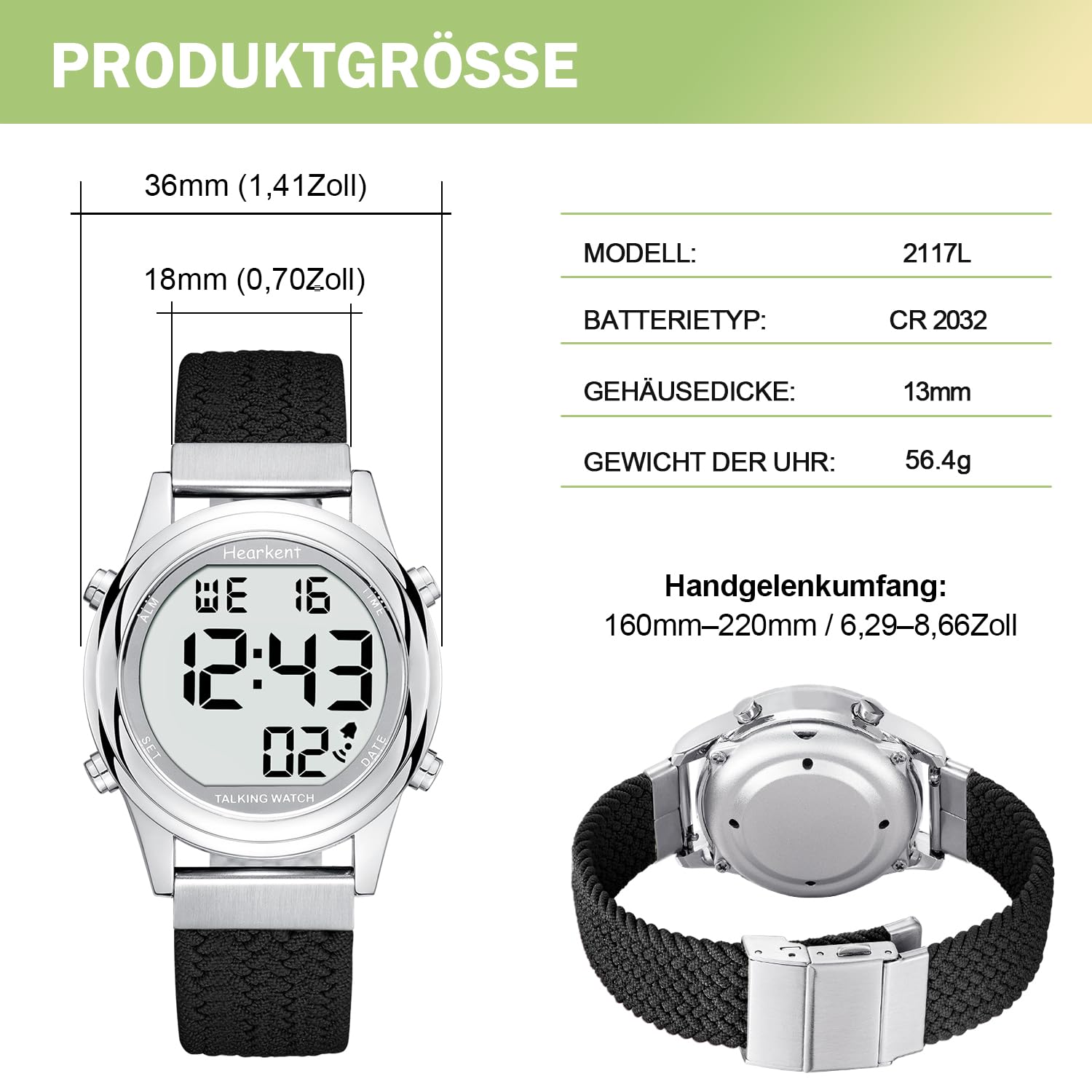 Hearkent Damen Digitale sprechende Uhr mit Deutscher Stimme-2117 | LCD große Zahlen Armbanduhr für Sehbehinderte,ältere oder blinde,Weiches-schnell wechselbares-verstellbares Armband