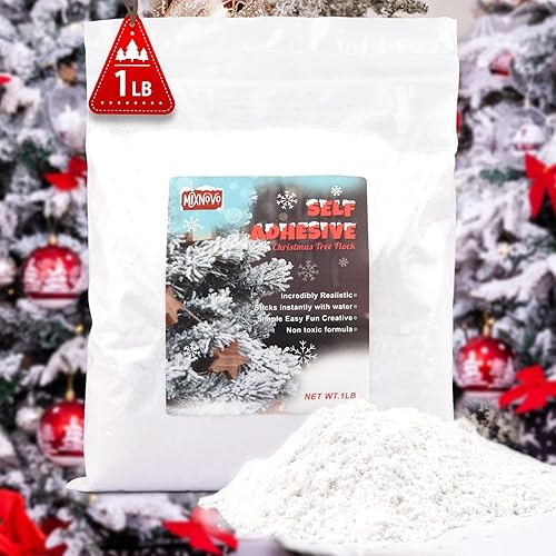 Polvo de nieve flocado de 16 onzas, color blanco, autoadhesivo, nieve artificial flocada en el árbol de Navidad para guirnalda, corona, decoración