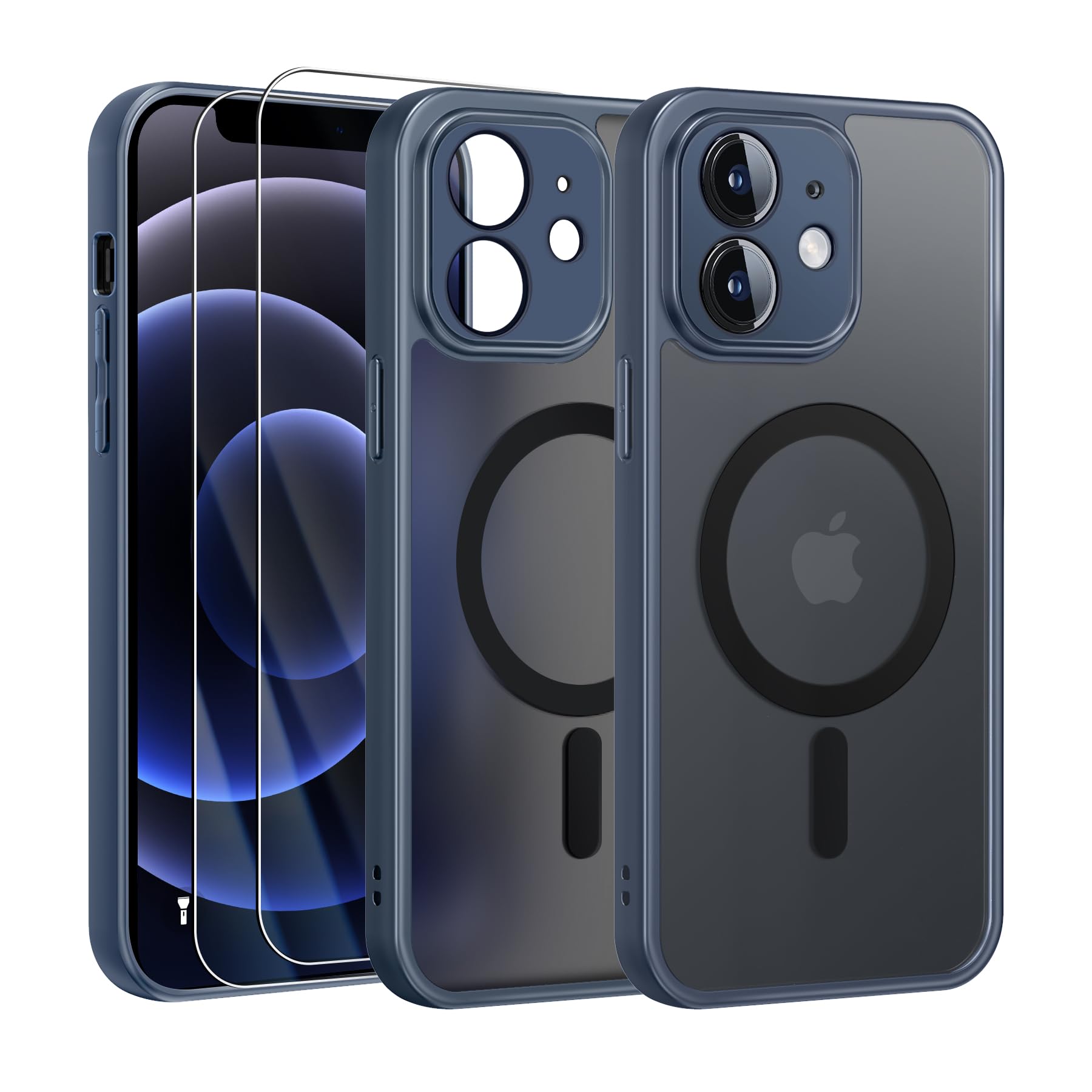 FLLAO Cover Magnetica per iPhone 12 e 2 Pellicole in Vetro Temperato, Cover iPhone 12 Compatibile con Magsafe, Custodia Traslucida Opaca Posteriore Sottile Antiurto Protettiva Case, Blu Tempesta