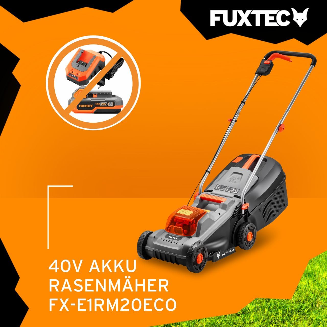 FUXTEC 20V Akku-Rasenmäher FX-E1RM20ECO, leichtgewichtiger Gartenmäher für kleine Flächen bis 200 m², 30 L Fangbox, Schnittbreite 30 cm, ohne Akku
