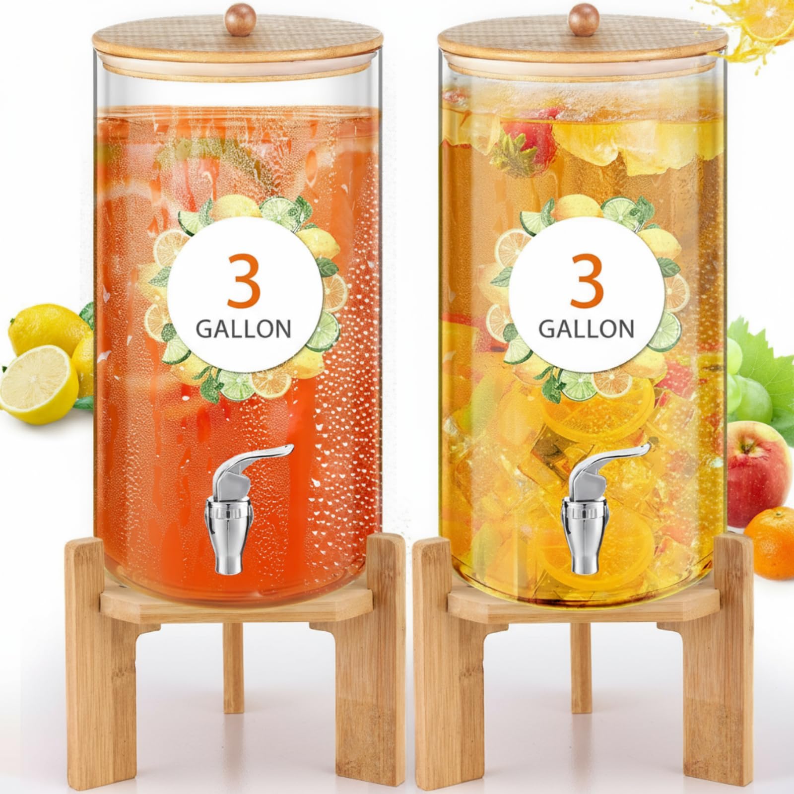 FillTouch Paquete de 2 dispensadores de bebidas de vidrio de 3 galones para fiestas, dispensadores de bebidas con soporte, espiga y tapa de bambú, a prueba de fugas para jugo, té, agua, limonada y