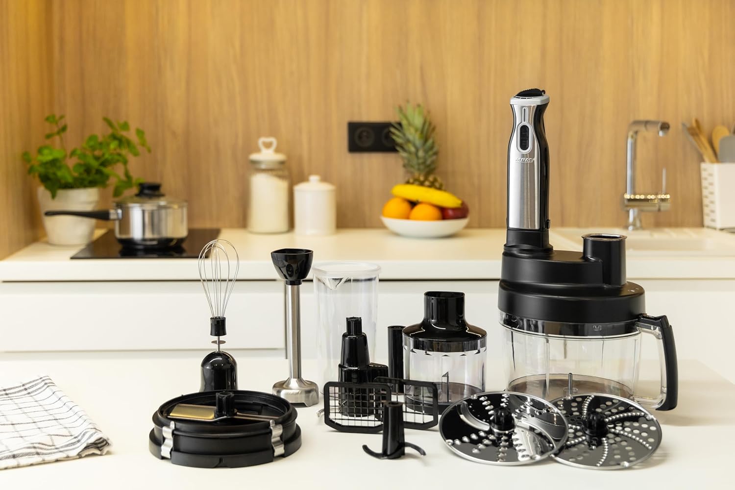 MPM MRK-17 Food Processor with all accessories on a kitchen counter
