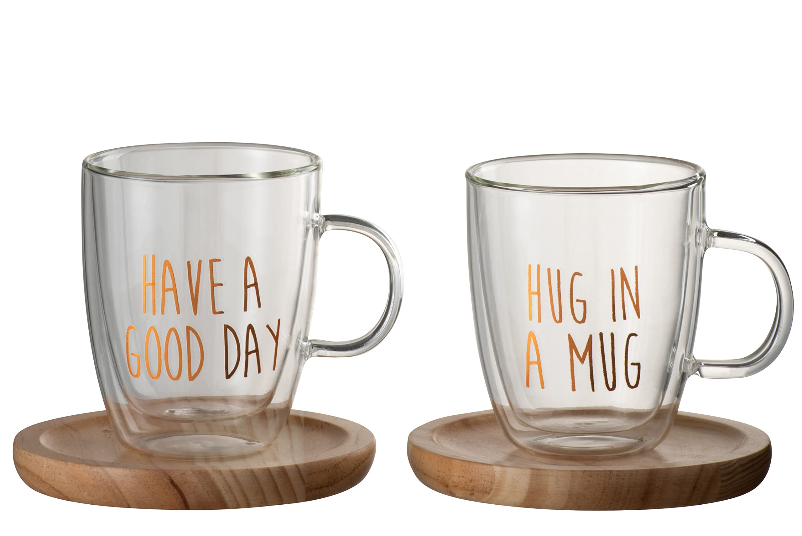 Mugs en verre transparent avec soucoupe bois et motif cuivré tendance