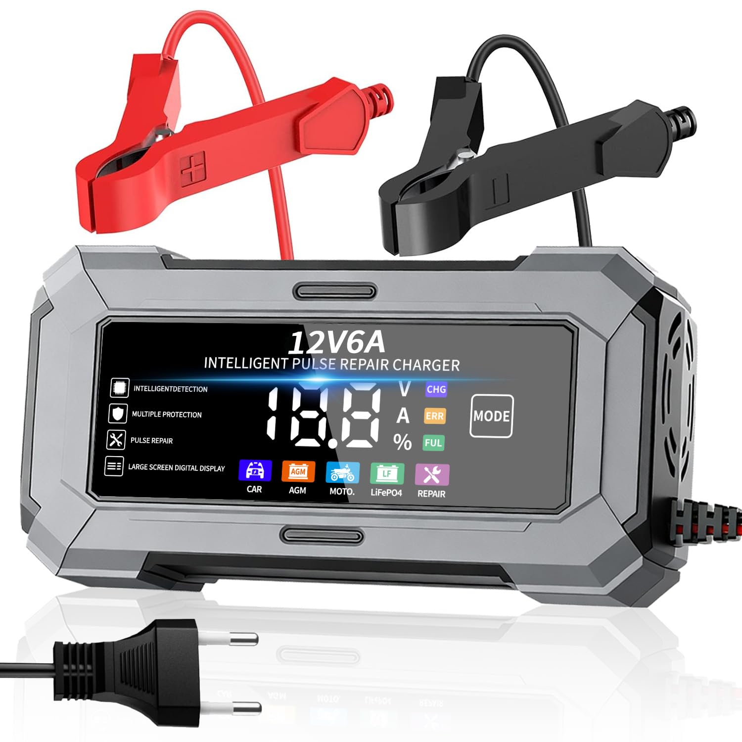 TANYO Autobatterie Ladegerät, 12V Intelligentes Batterieladegerät mit Reparaturmodus & Temperaturkompensation, 6A Ladegerät Autobatterie mit LCD-Display für Auto, Motorrad, LKW, LiFePO4, AGM