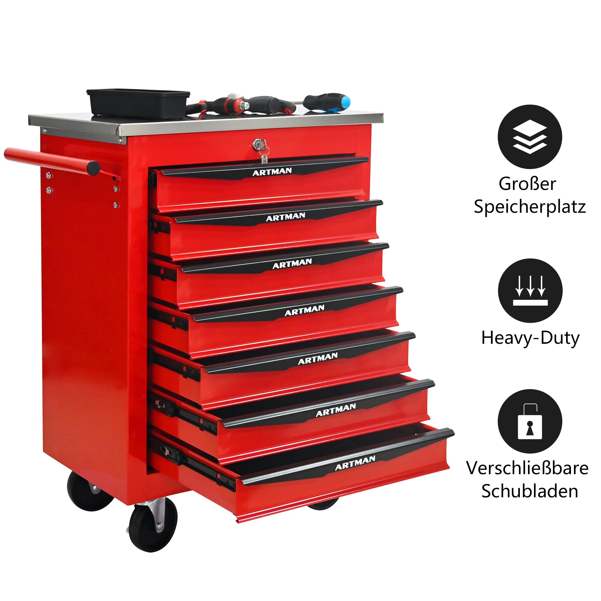 Generisch Carrello portautensili a 7 cassetti in metallo con scivolo a sfera, 4 ruote e serratura a chiave, ideale per garage e officina (56,6 x 34,5 x 78,0 cm, rosso e nero)