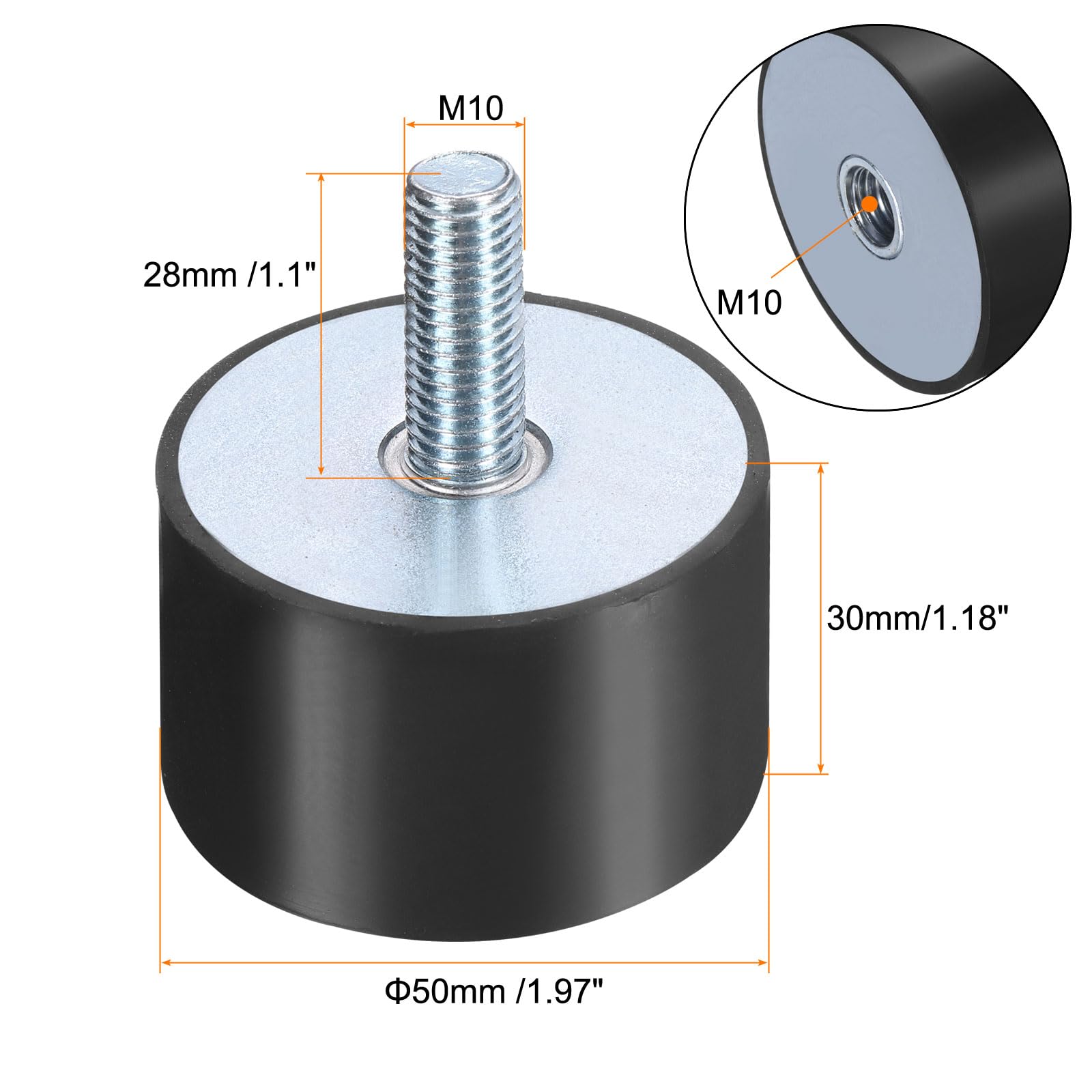 QUARKZMAN 4 Pezzi Supporti Antivibranti In Gomma M10x28mm Con Perni 50x30mm Maschio Femmina Ammortizzatori Vibrazioni Zincati Supporti Cilindrici Con 4 Dadi Di Bloccaggio M10