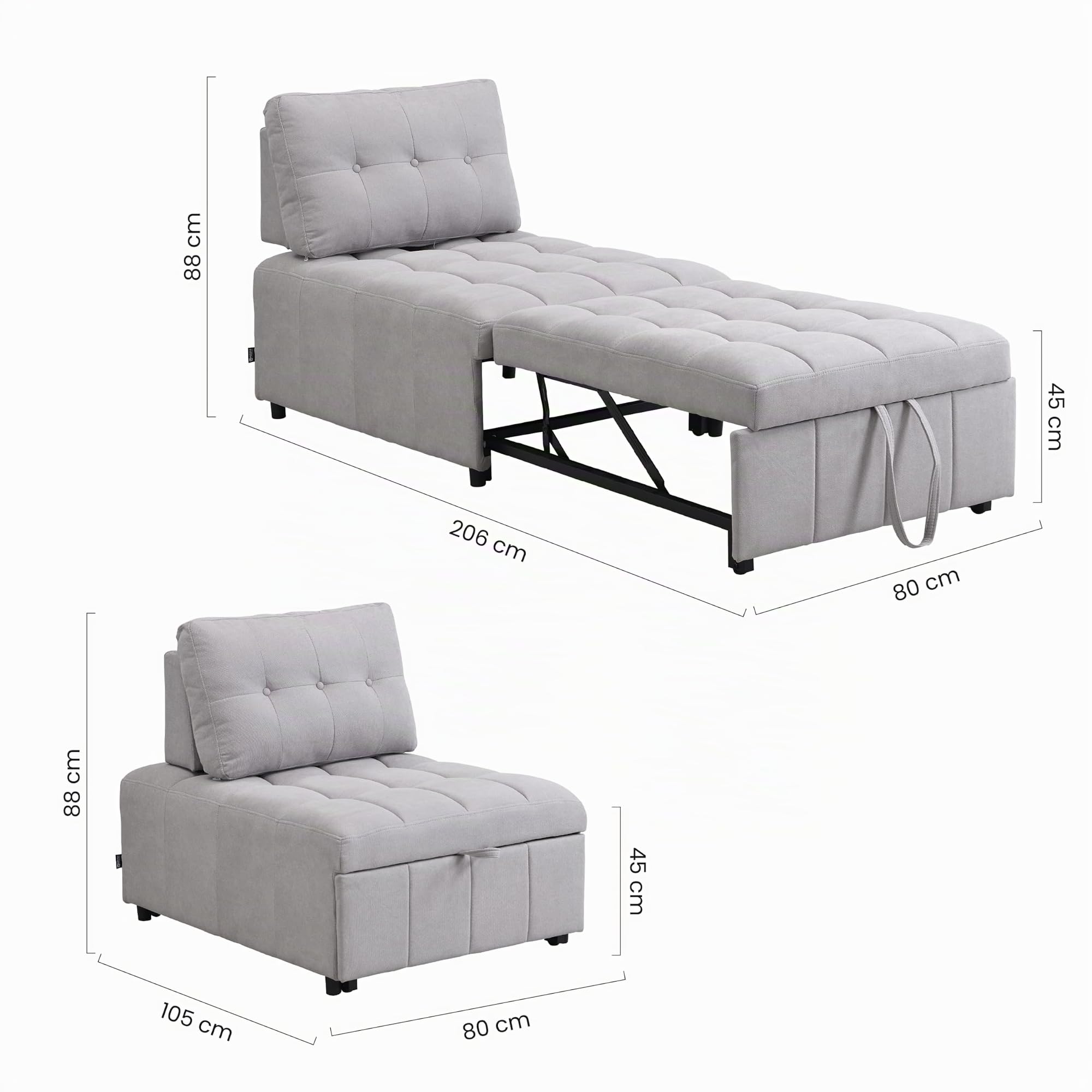 Brigros - Poltrona Letto Singolo In Tessuto Con Schienale Traslante, Poltrona Relax Allungabile A Letto A Scomparsa Singolo Salvaspazio, Pouf Per Camera O Salotto (Grigio Chiaro)
