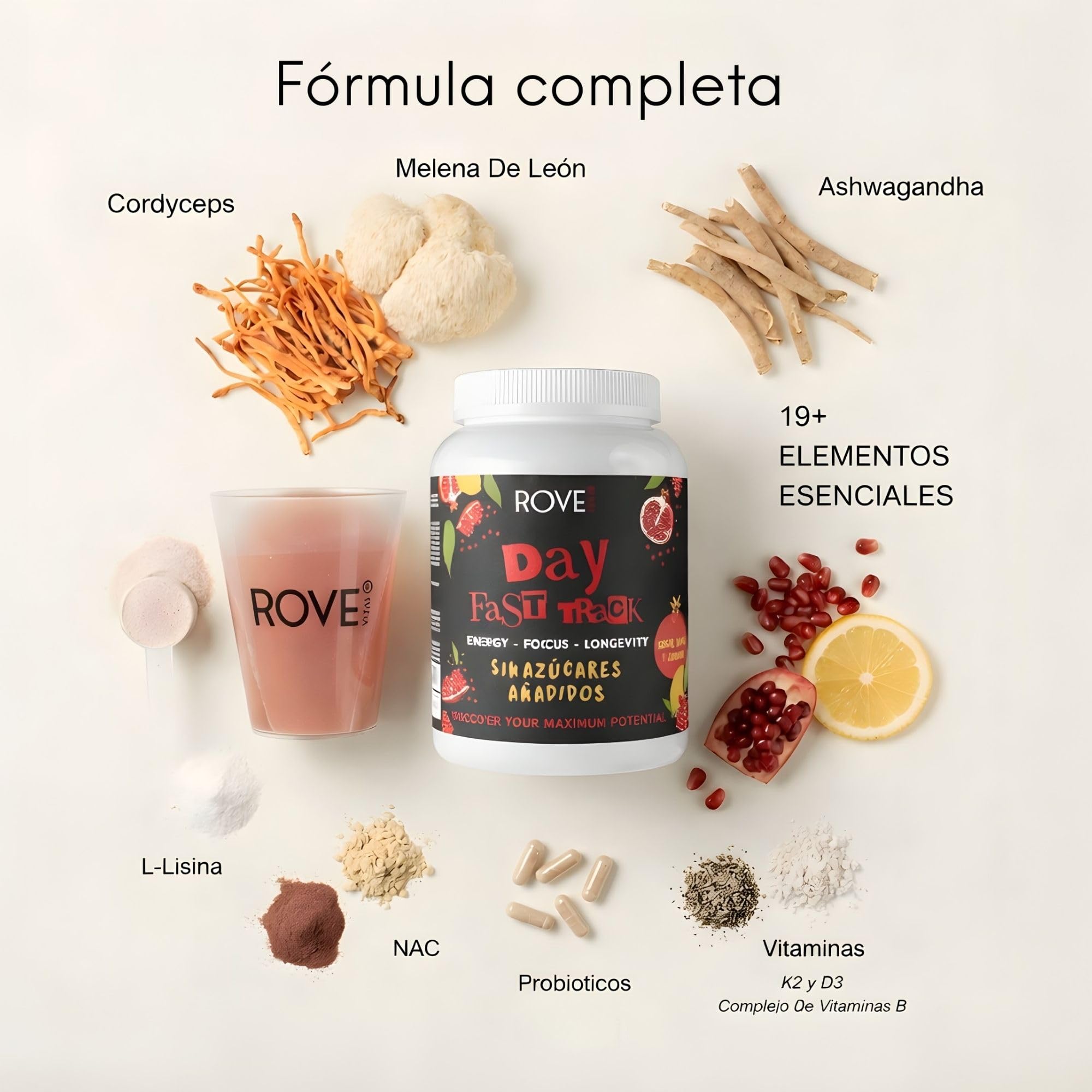 Fórmula Todo en Uno de Energía, Enfoque y Longevidad, Sin Azúcar, con Ashwagandha KSM-66, Cordyceps, Melena de León, Vitaminas y Probióticos – Day Fast Track | Rove Vital