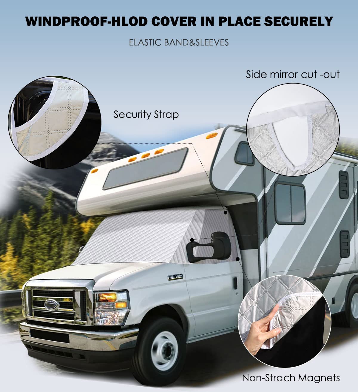 VANNCAMP RV Windshield Cover for Chevy Motorhome(2001-2020),White with Mirror Cutouts,Motorhome Exterior Windshield Cover,Essential RV Accessories