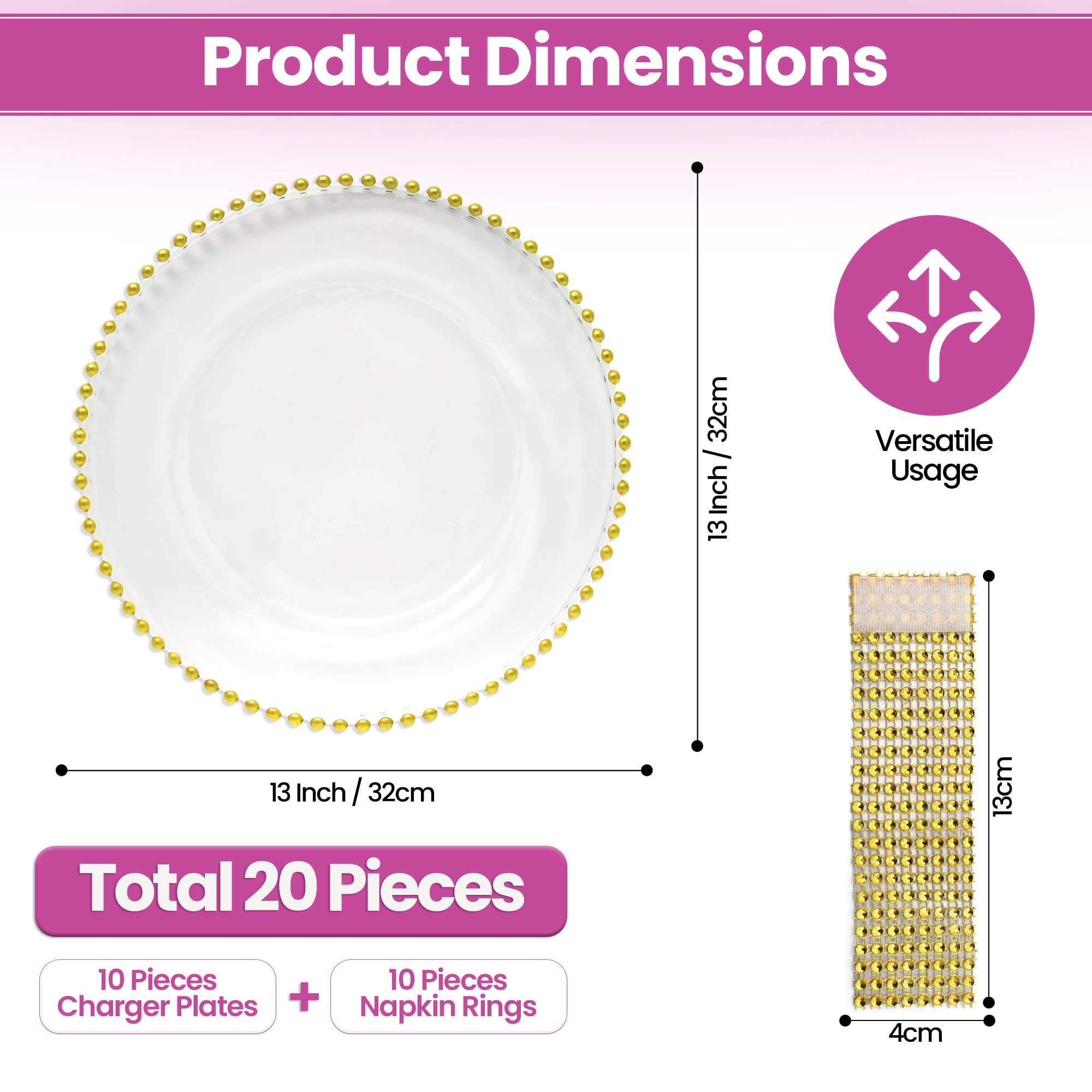 WedDecor Lot de 10 assiettes de chargement et ronds de serviette en verre transparent avec perles dorées et ronds de serviette en strass pour fête, dîner, décoration de table, événements, doré