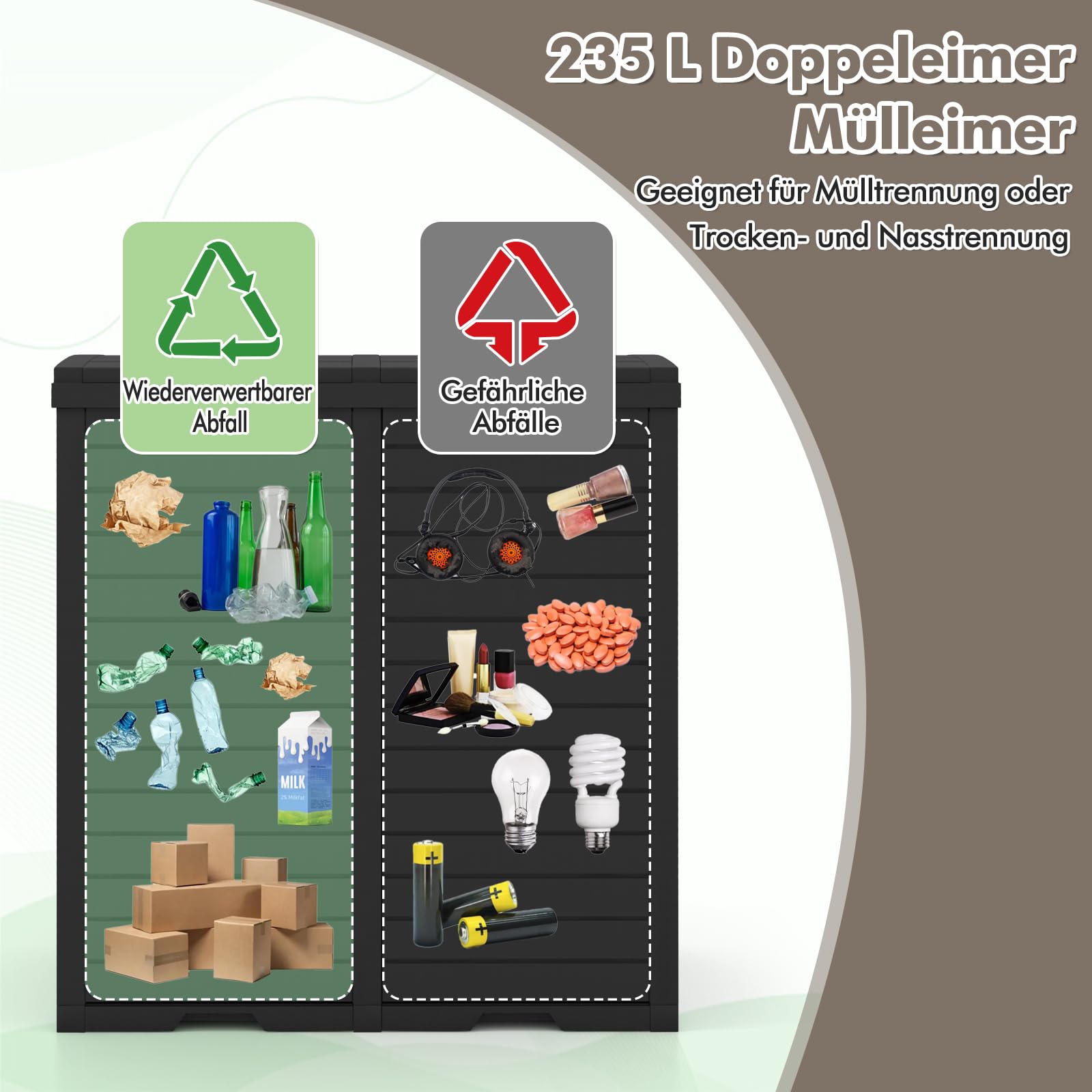 COSTWAY Mülleimer mit Doppeldeckel, 235 L, Mülltonne Outdoor, Abfalltonne mit ausziehbarer Auffangschale & Griff, wasserdichter Müllbehälter, Abfalleimer für Garten Hinterhof Terrasse (Schwarz)