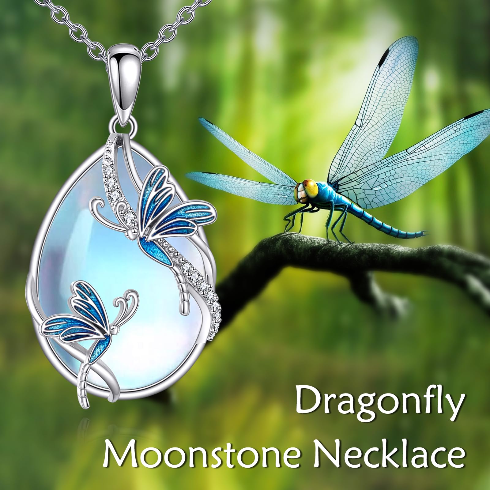 KQF Collana da donna con ciondolo a forma di libellula, farfalla, gatto, medusa, coniglietto, axolotl, ape, sirena, colibrì, elefante, in argento Sterling, con pietra di luna, idea regalo per donne