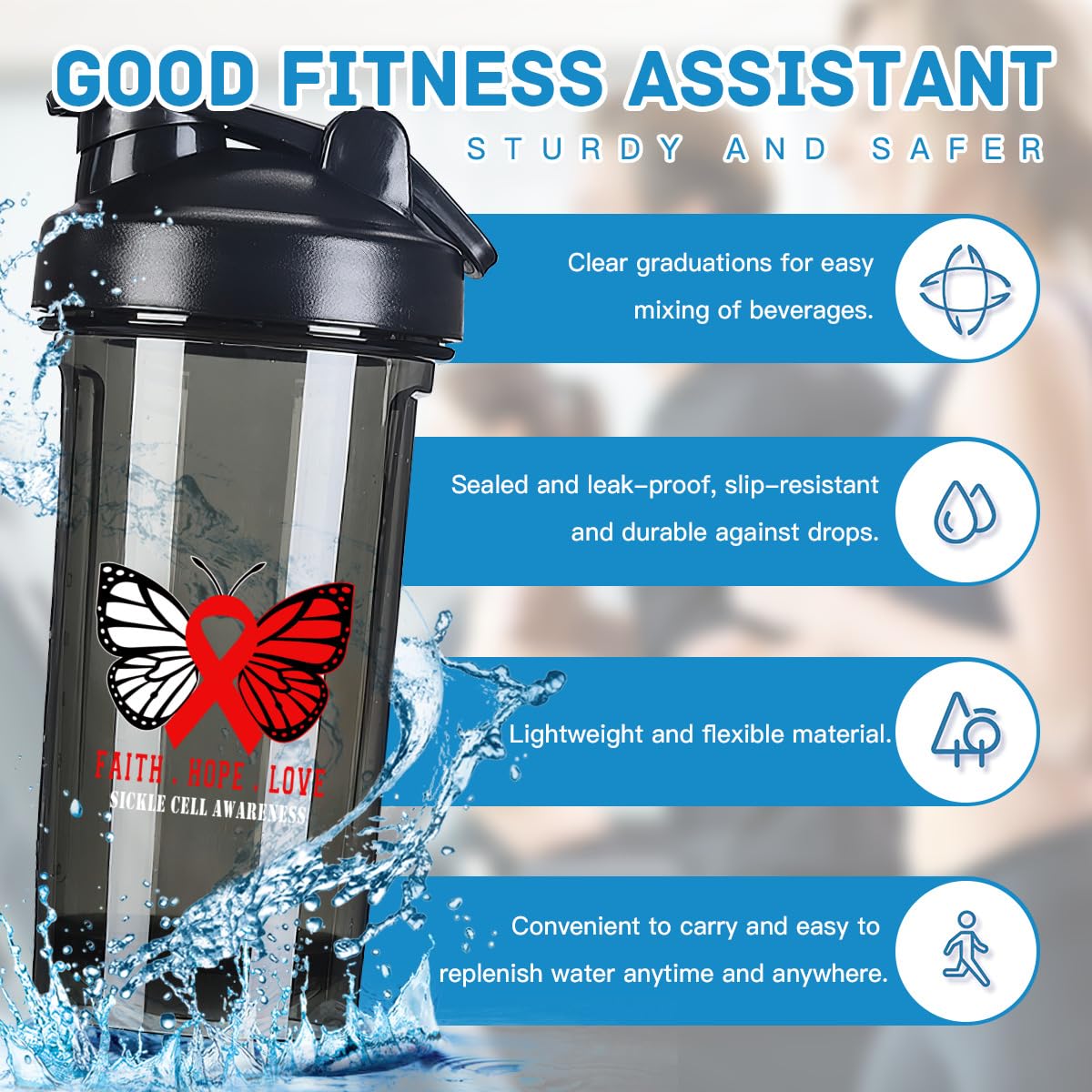 Butterfly Sickle Cell awareness 18 Ounce Shaker Cup,Fashion Theme Pattern Shaker Bottle Leak-proof Workout Shake Bottles 500ML/18 oz Perfect for Pre Workout