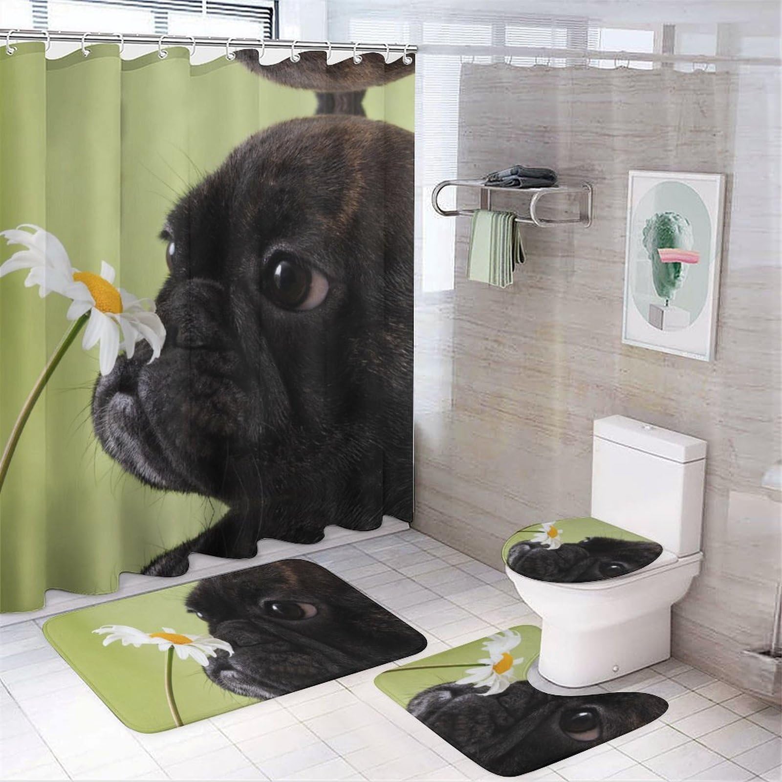 Wlntrophic Bathroom Mat Set 4 Piece, Dog Pattern Pug Flower Shower Curtain with Non-Slip Bath Mats for Bathroom