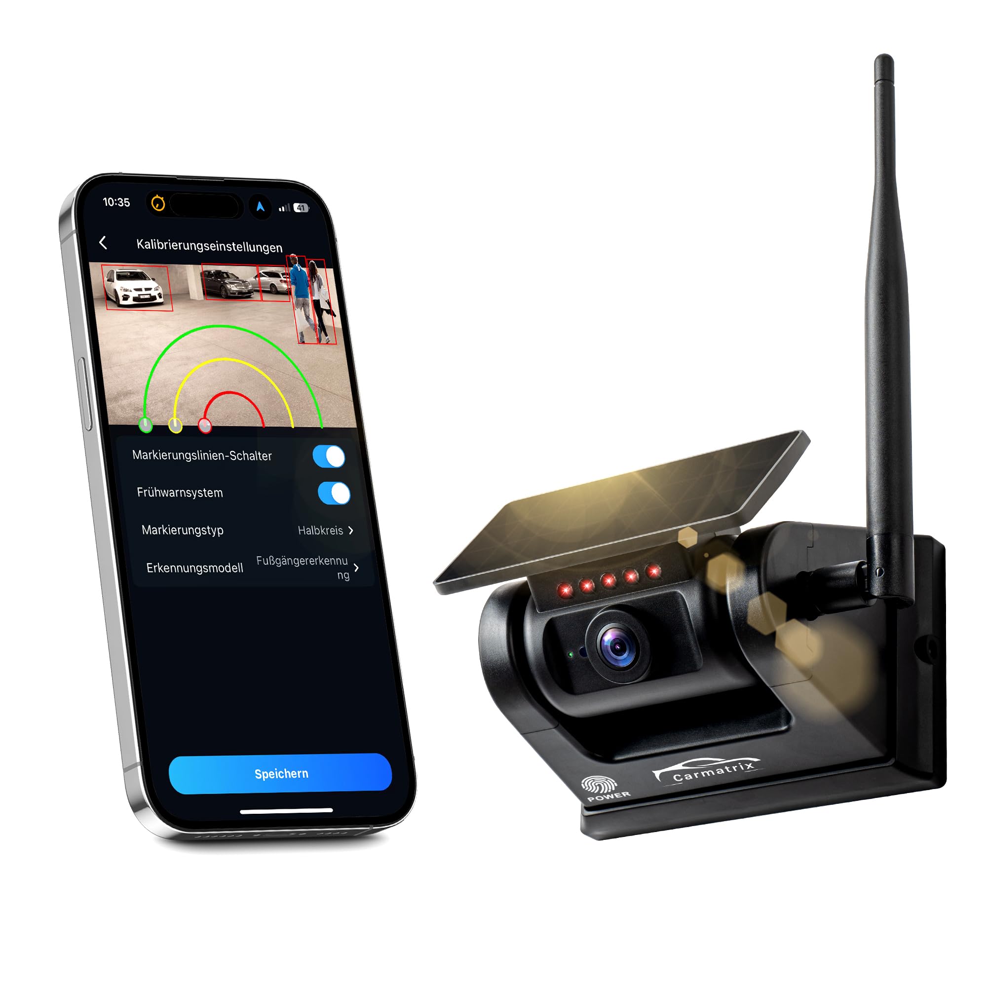 CARMATRIX Rückfahrkamera Funk WLAN Solar mit Magnet KI Personenerkennung – mit App