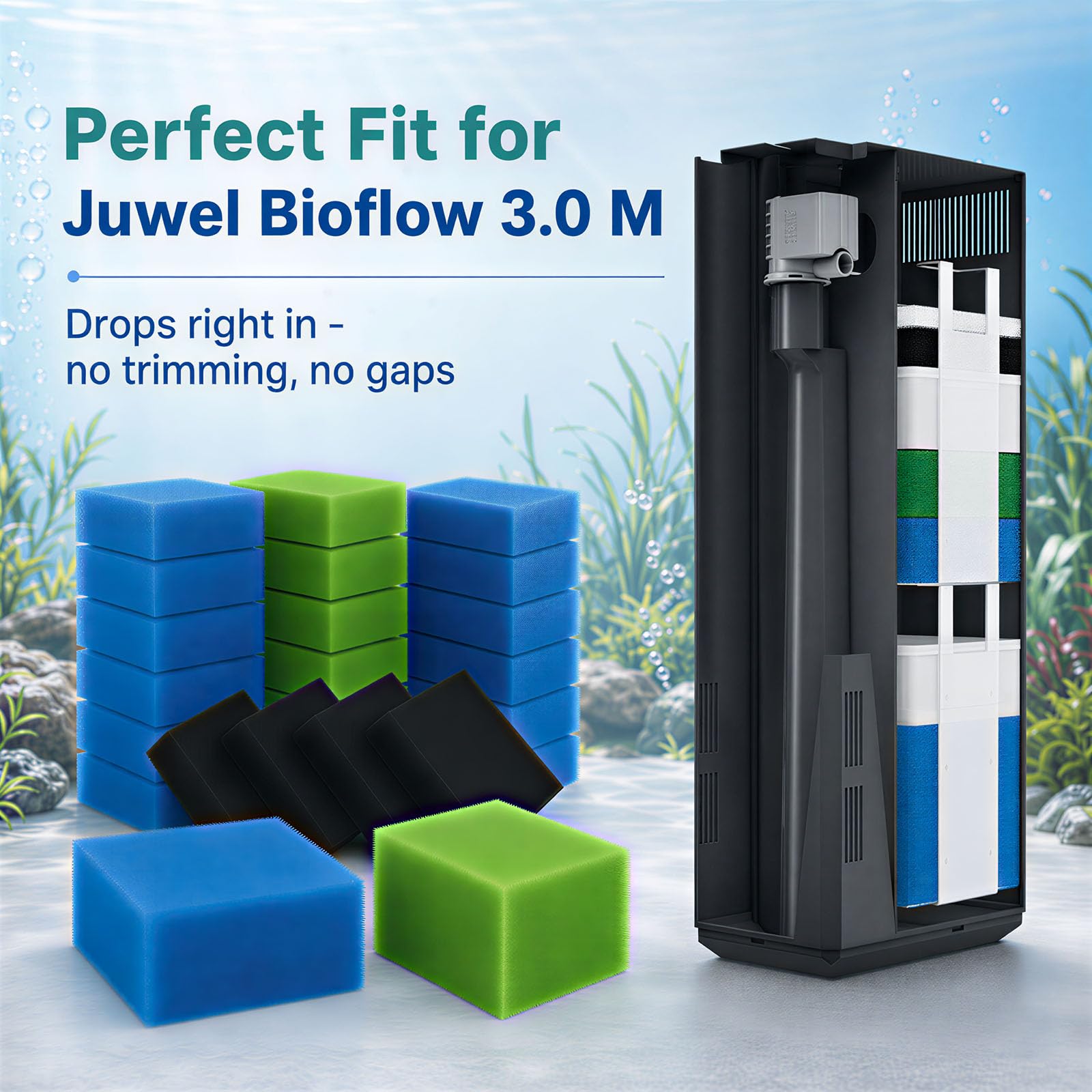 16stk Aquarium Filterschwamm Juwel Filtermedien M Kompatibel mit Juwel Compact/Bioflow 3.0 M, Set mit Blau Grob/Fein, Grün Nitrat, Aktivkohle, Nitratreduktion, Süß- & Salzwasser geeignet