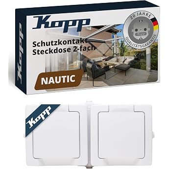 Kopp Nautic Double Protective Contact Socket with Hinged Lid and Increased Touch Protection Surface-Mounted Wet Room Horizontal 16 A 250 V/AC IP44 Arctic White 137002003