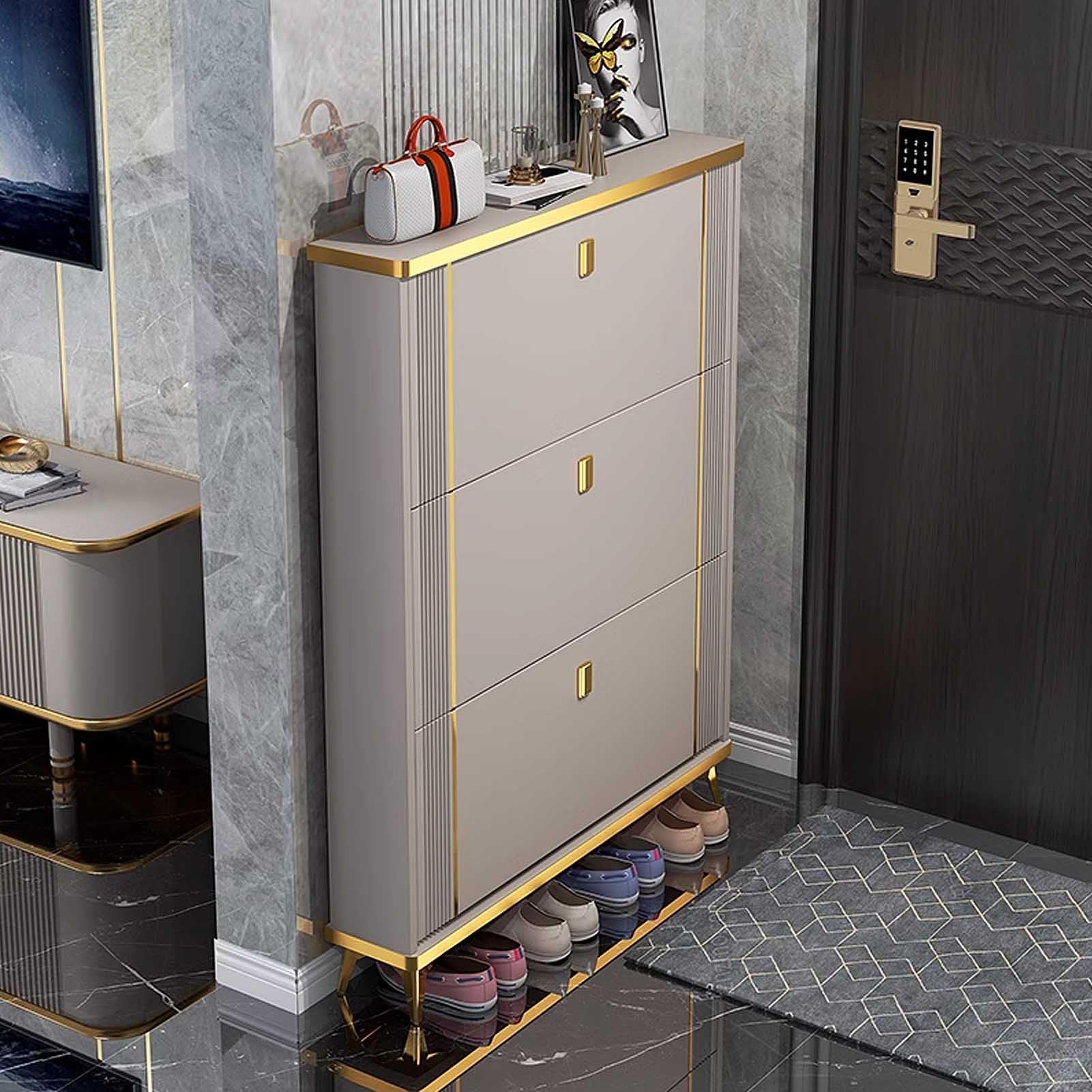 Scarpiera moderna sottile con organizer nascosto per ingresso, scarpiera stretta con ante per armadio chiuso ideale per piccoli spazi e corridoi, colore noce chiaro