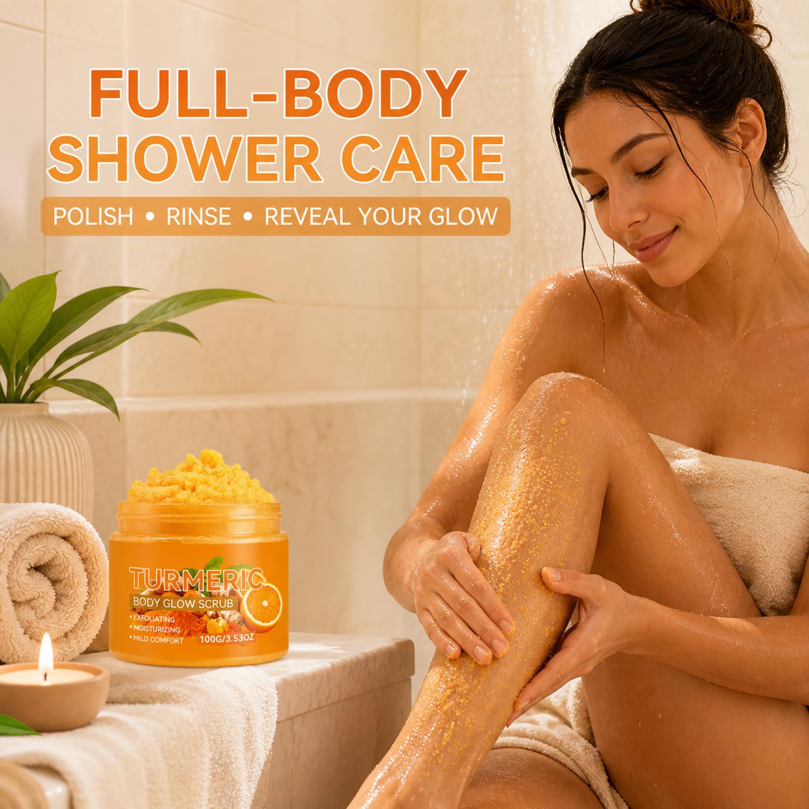 Gommage corporel au curcuma à l'orange douce, gommage exfoliant nettoyant en profondeur pour la peau, vernis à rincer non gras, exfoliant pour la peau pour le corps, routine de soins frais (9PCS)