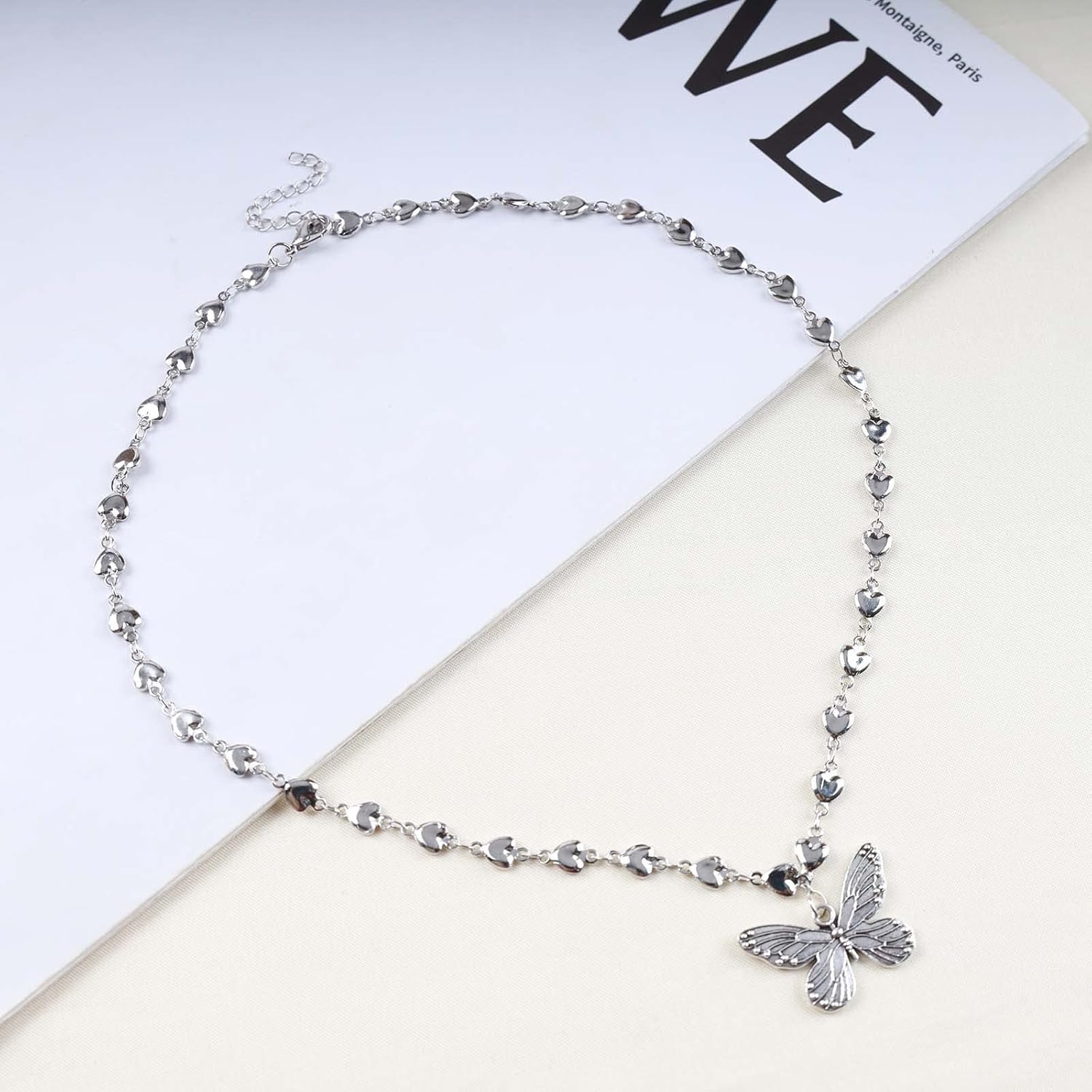 Vintage Butterfly Choker Necklace Silver Butterfly Pendant Necklace Heart Chain Necklaces Jewelry for Women - Image 3