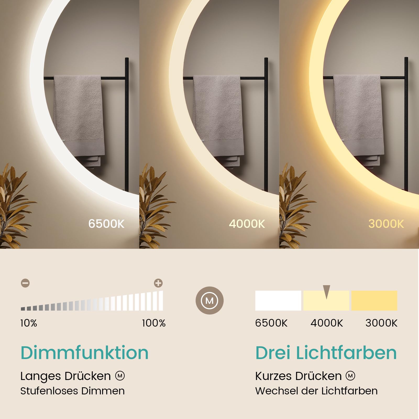 EMKE Badspiegel mit Beleuchtung Rund 50cm, Badezimmerspiegel mit dimmbarer Beleuchtung, 3 Lichtfarben, Antibeschlag, Touch-Schalter und Speicherfunktion, ideal für das Badezimmer