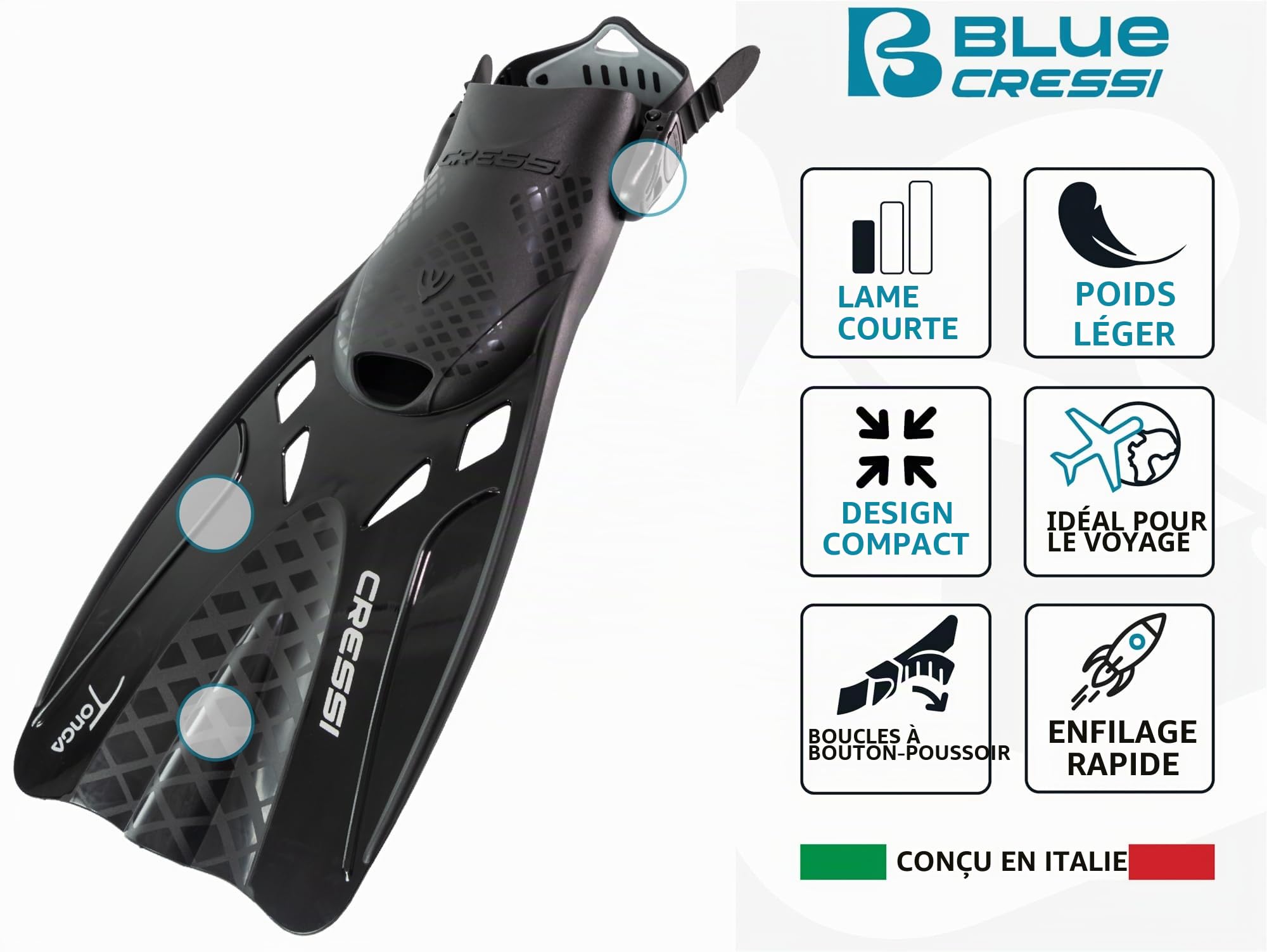 CRESSI Tonga Fins/Set – Palmes Courtes Légères et Réglables ou Set Palmes Courtes + Baron Masque Intégral, Parfait pour la Snorkeling et la Natation, Adultes