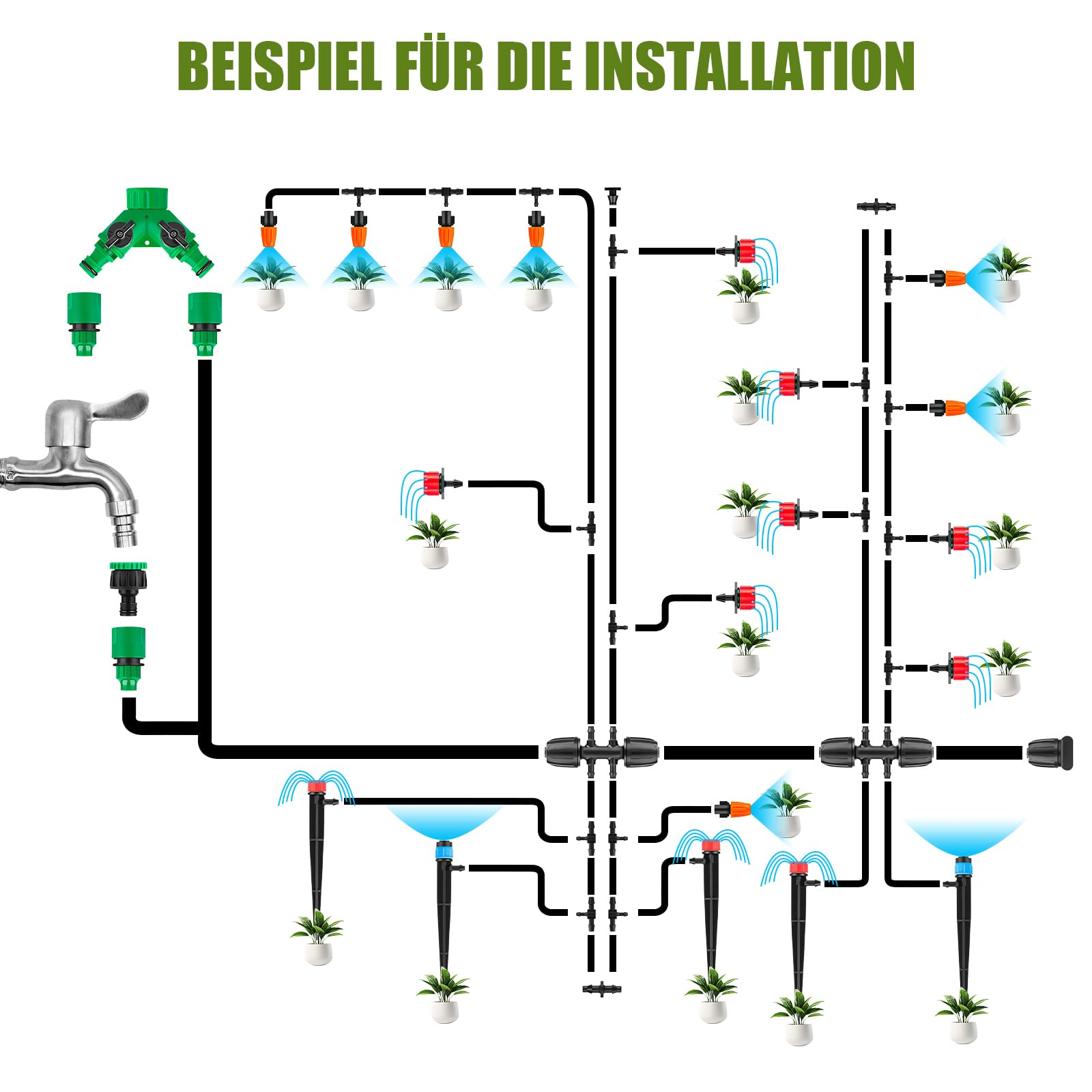 Garten BewässerungsSystem, 315Pcs Garten Bewässerung Kit,60M+15M Bewässerungsrohre, Automatik Tröpfchenbewässerung, Misting Kühlsystem für Landschaft, Flower Bed und Terrasse Pflanzen