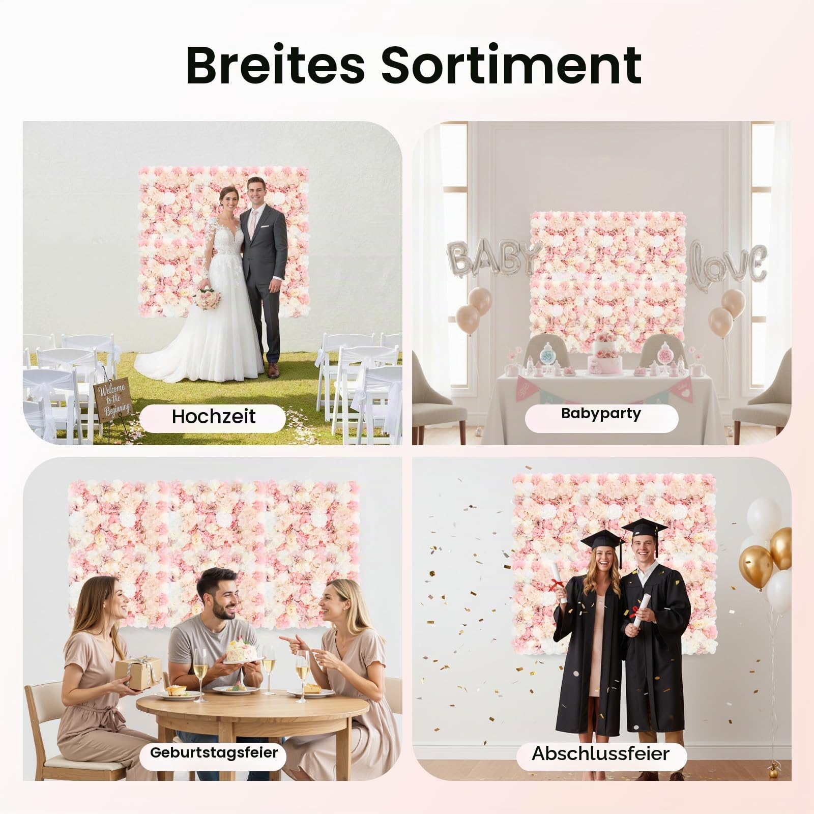 Künstliche Blumen Wand Kunstblumen Blumenwand 6 Stück Realistische Seidenblumen Gesteck mit Hortensien Rosen Dahlien für Hochzeit Dekoration Party Hintergrund Balkon Garten Innen Außen, DIY, 60x40 cm