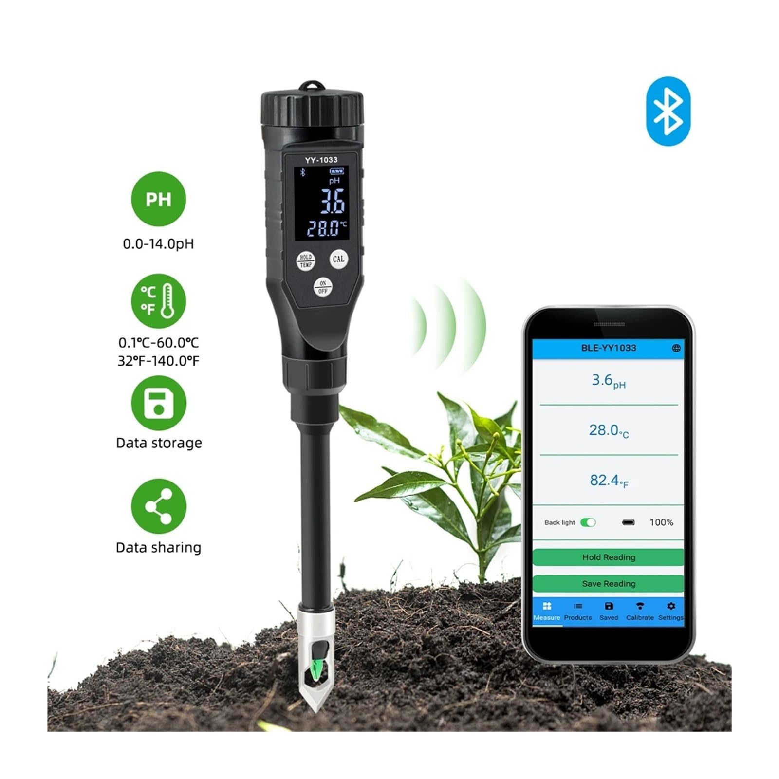 Intelintny miernik pH gleby 0,0~14,0 pH Bluetooth Tester gleby Rejestrator danych Analizator kwasowości temperatury do hydroponiki Sadzenie ogrodu Gospodarstwo rolne