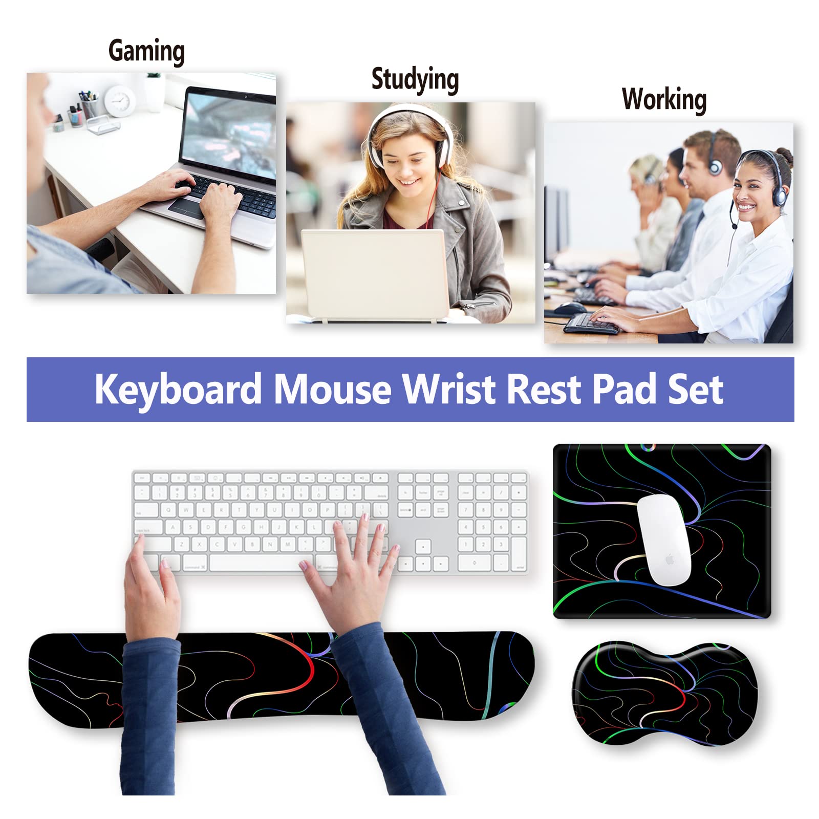 ARTSO Tastatur-Handgelenkauflage, Mauspad, Handgelenkstütze, ergonomisch, Memory-Schaum, 4-in-1-Mauspad, rutschfeste Unterseite, bequem, einfaches Tippen, Schmerzlinderung, bunte Linien