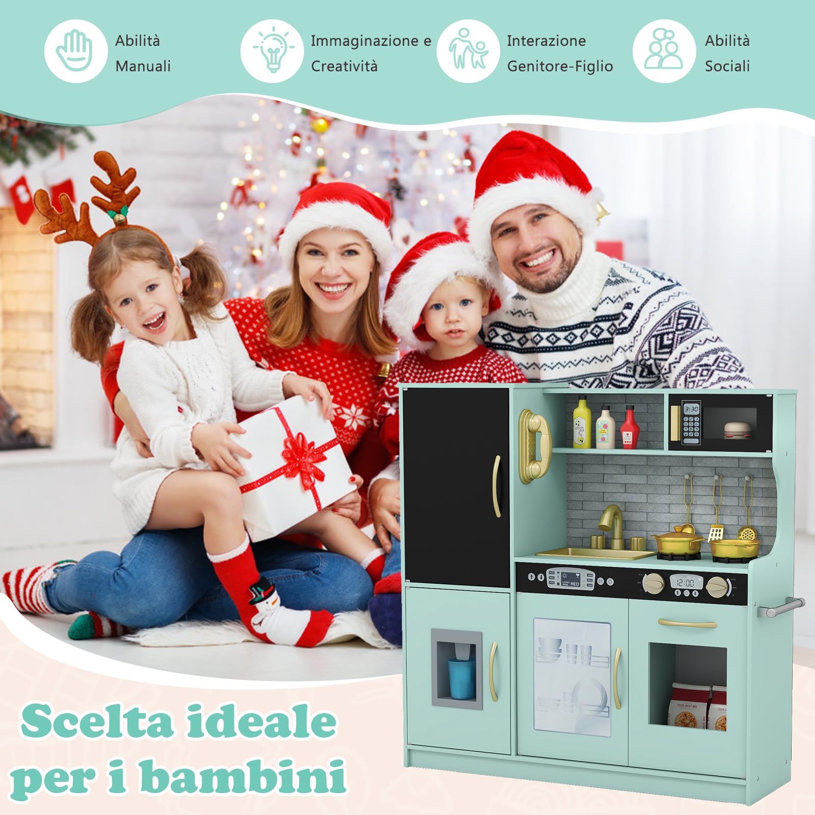 RELAX4LIFE Cucina Giocattolo per Bambini, Gioco Cucina in Legno con Frigo con Lavagna, Microonde, Forno, Macchina per il Ghiaccio, Mini Cucina per Bambini 3-6 Anni (Verde, 82 x 24 x 80 cm)