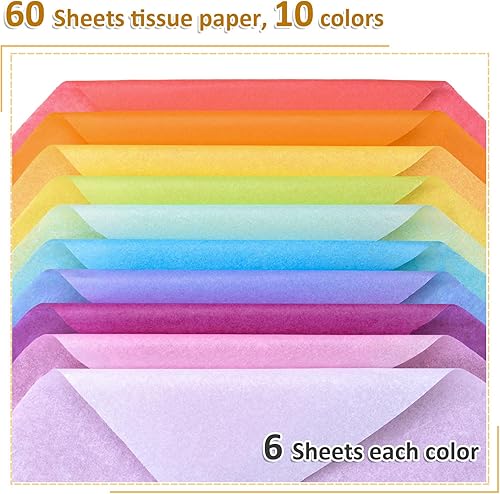 Miniatura 4 de 60 hojas de papel de seda de 20 x 14 pulgadas a granel en 10 colores surtidos para bolsas de regalo, bodas, cumpleaños, artes, manualidades,