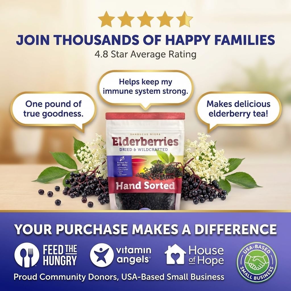 Dried Elderberries - 1lb Bulk - Hand-Sorted, Wildcrafted, Natural, Non-GMO, Whole European Immune System Support for Black Elderberry Syrup, Gummies, Jelly, Tea, Wine, Raw Sambucus, One Pound