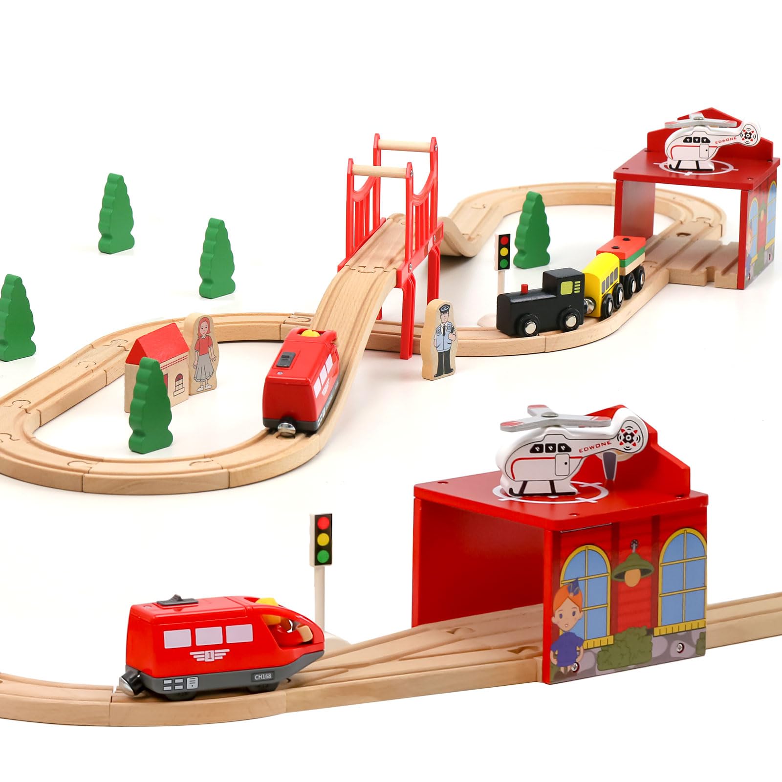 EVERGD Wooden Train Track Toy Set for Toddler 46PCS Busy City Expandable & Changeable Wooden Train Railway Tracks Toy Compatible with Major Brands Best Gift for Kids Boys Girls