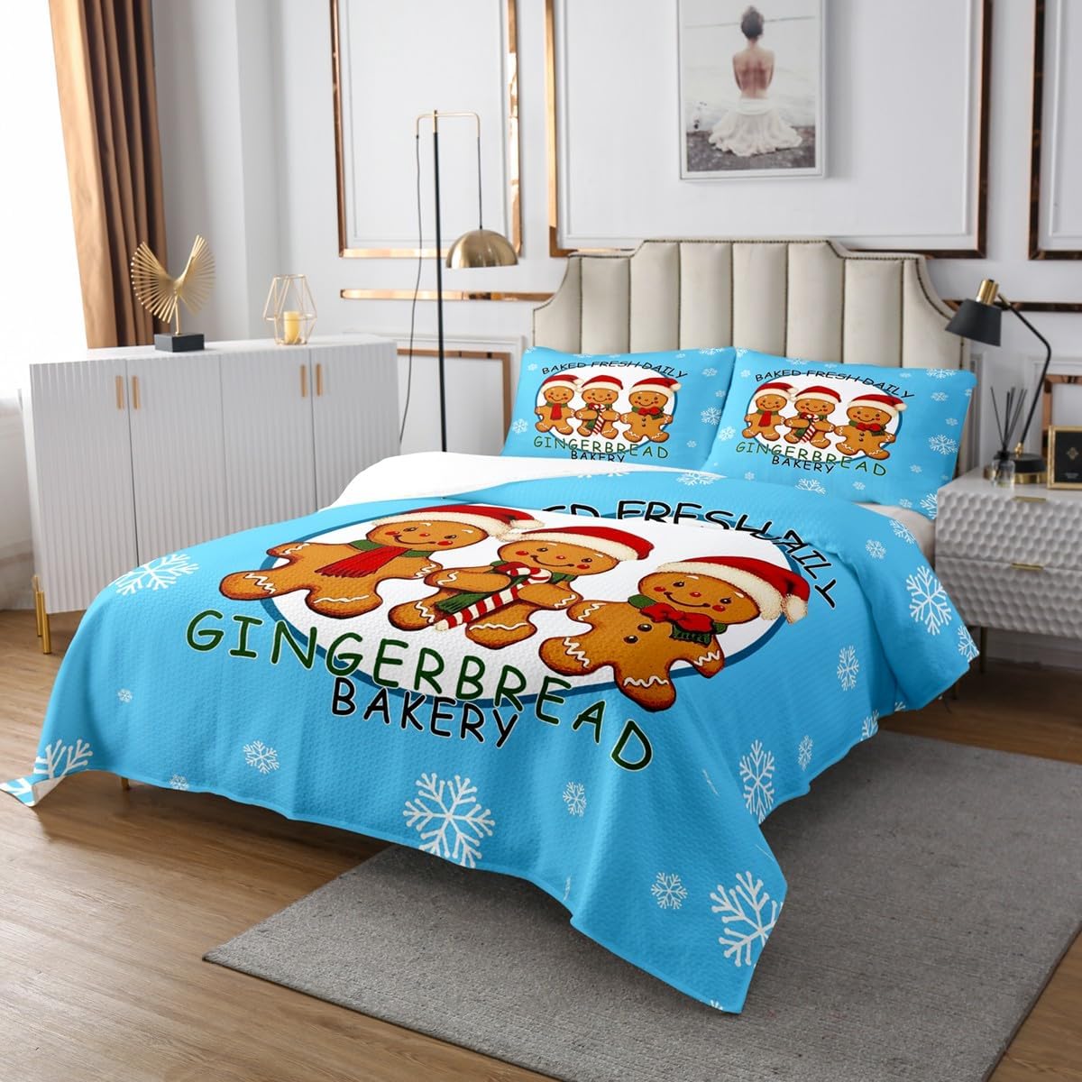 Feelyou Kids Merry Christmas Bedspread Gingerbread Man Bedspread for Kids Boys Girls Cute Snowman Coverlet Set Xmas Cabin Quilted Bedroom Collection 2Pcs Twin Size