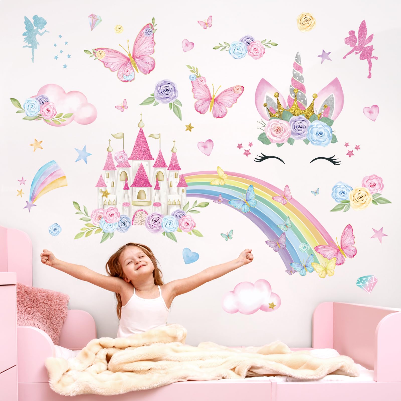 Dream Vinyl Pink Cartoon Rainbows Roses Butterflies Castles Non-Toxic Wall Decals for Girls' Room Kids Baby Bedroom