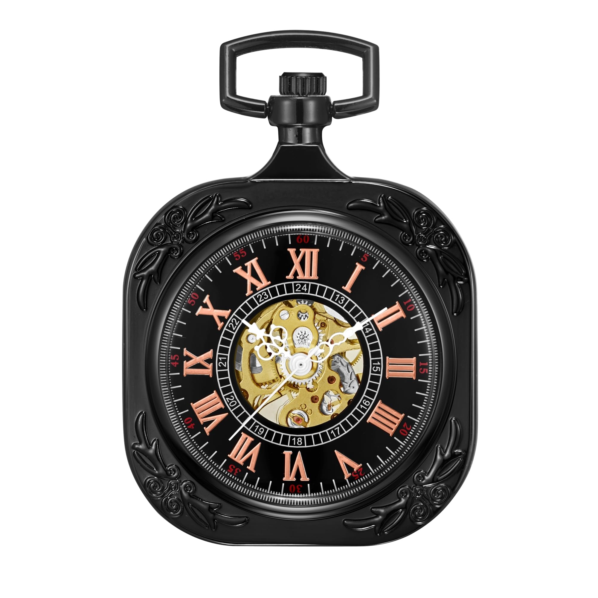 Zegarek kieszonkowy czarny szkielet mechaniczny ruch ręka wiatr cyfry rzymskie kwadratowa tarcza Steampunk PW-70