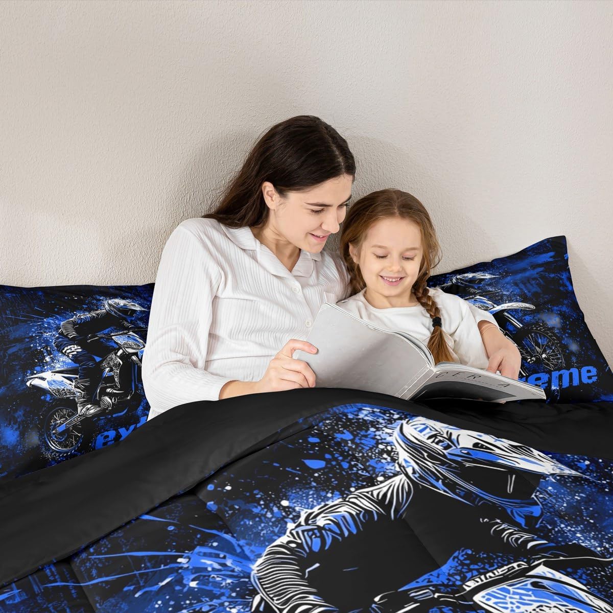 jejeloiu Dirt Bike Comforter Set Twin Size Kids Extreme Sports Bedding Set for Boys Girls Teens Adults, Racing Motocross Rider Duvet Quilt Breathable Soft Lightweight Room Decor 2Pcs Blue