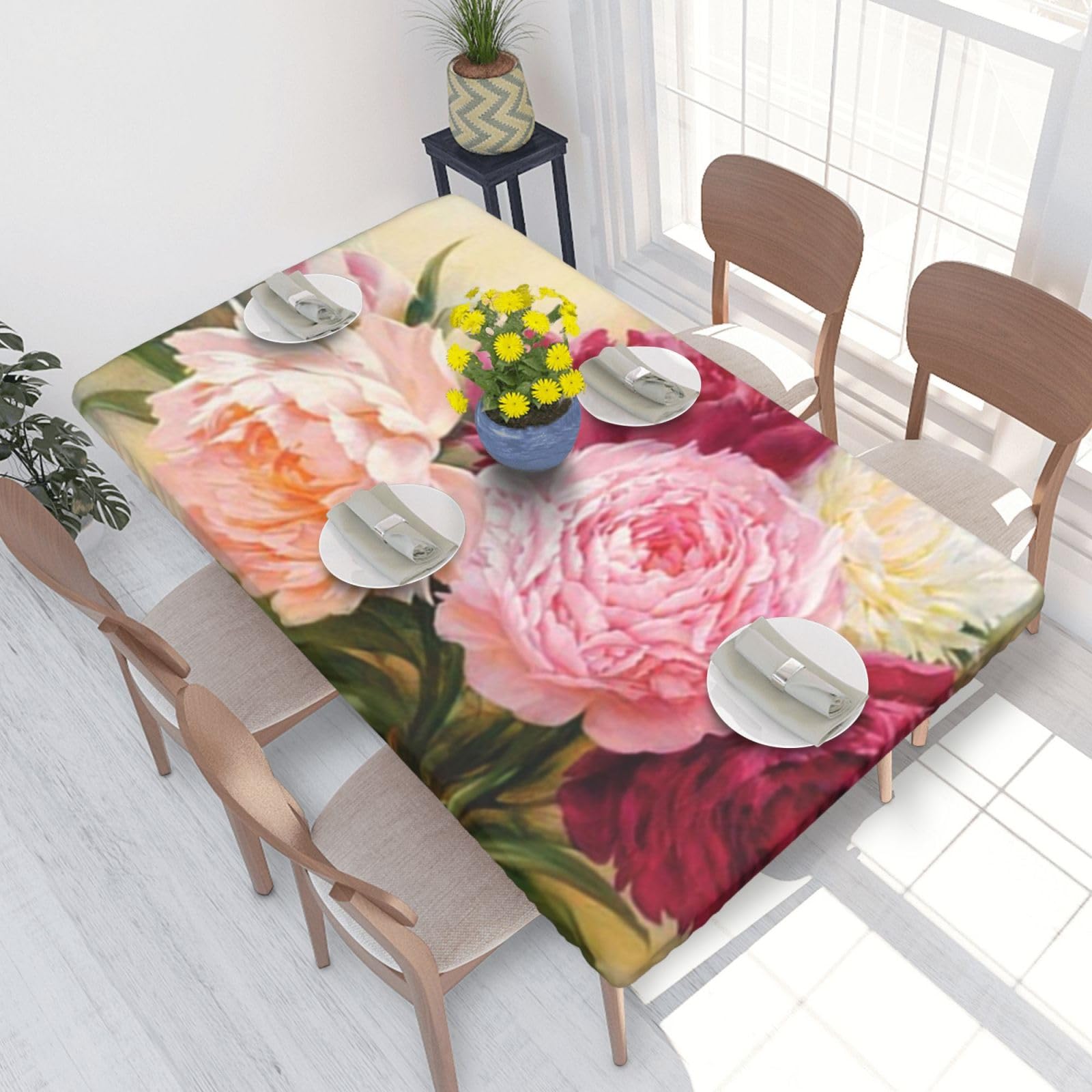 BNVSADC peony flowers blossom Printed 4FT Tablecloth 122x76 CM Polyester Kitchen Water Resistant Table Cloth Dining Table Decoration Table Covers