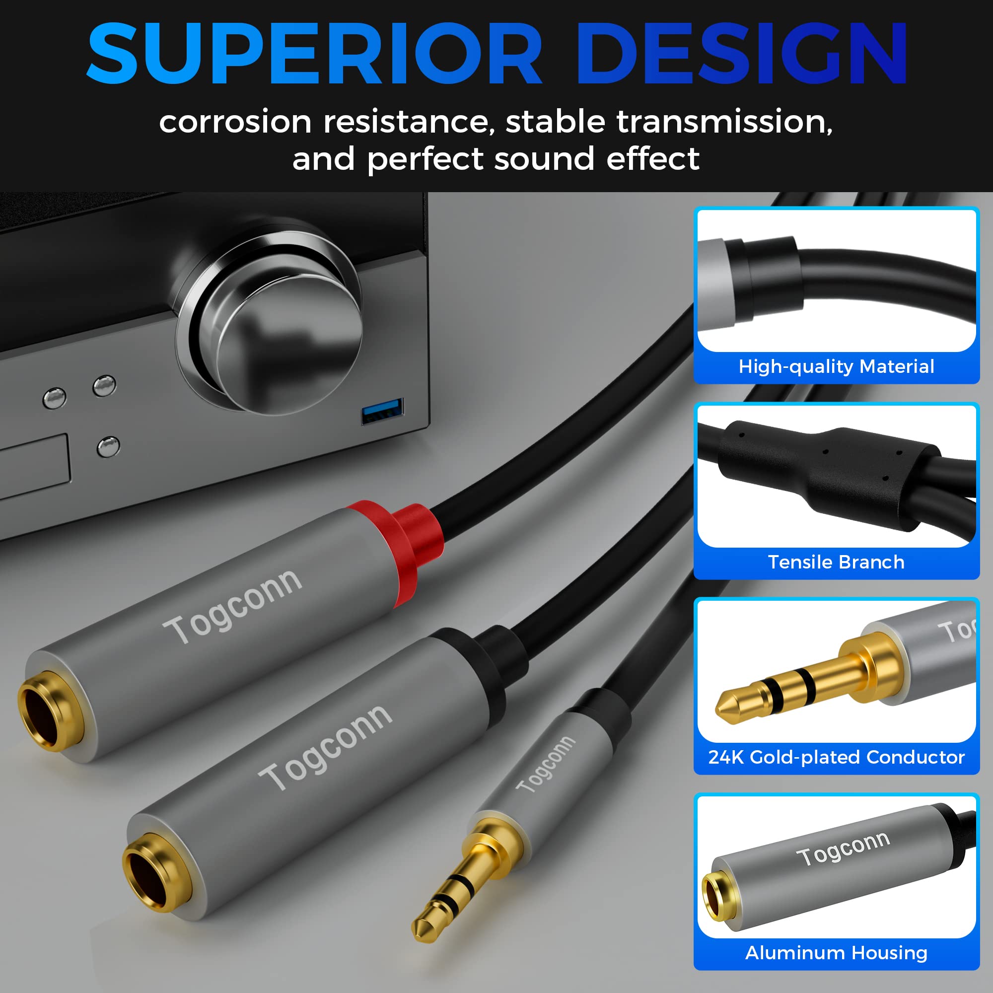 Lot de 2 adaptateurs répartiteurs en Y 3,5 mm vers double 6,35 mm, câble audio stéréo TRS mâle de 3,5 mm vers 2 connecteurs TS mono femelles de 6,35 mm pour téléphone, PC, carte son d'ordinateur