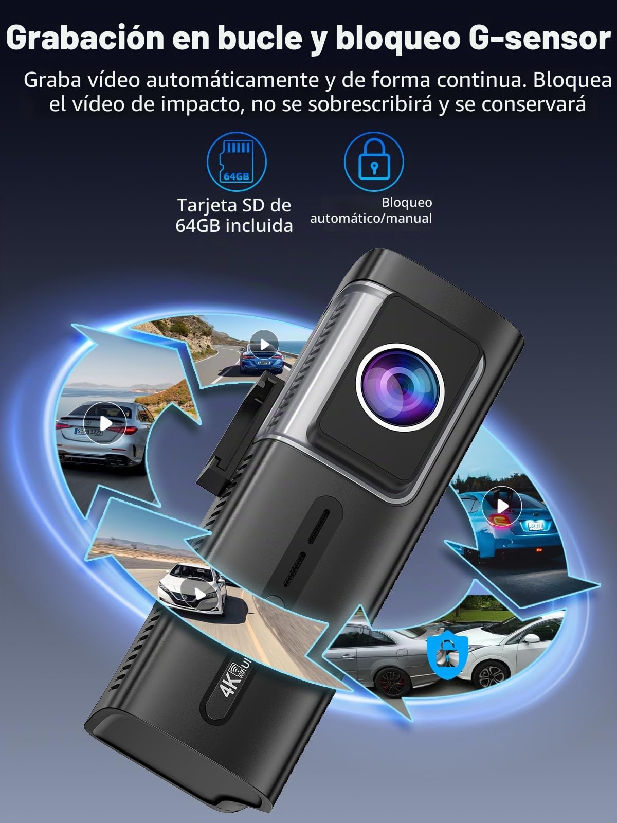 Dashcam Cámara Coche 4K+1080P, 5GHz WiFi Dash CAM Coche Frontal y Trasera con App, Tarjeta 64GB Gratis, Visión Nocturna, WDR, G-Sensor, Grabación en Bucle, Soporta Modo Parking 24H, MAX 128G