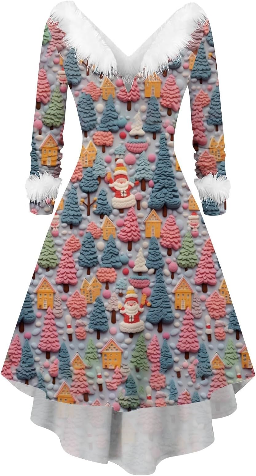 Christmas Dresses for Women Pretty 3D Xmas Printing Dress Long Sleeve Crew Neck Skirts Comfy Holiday Ball Costumes
