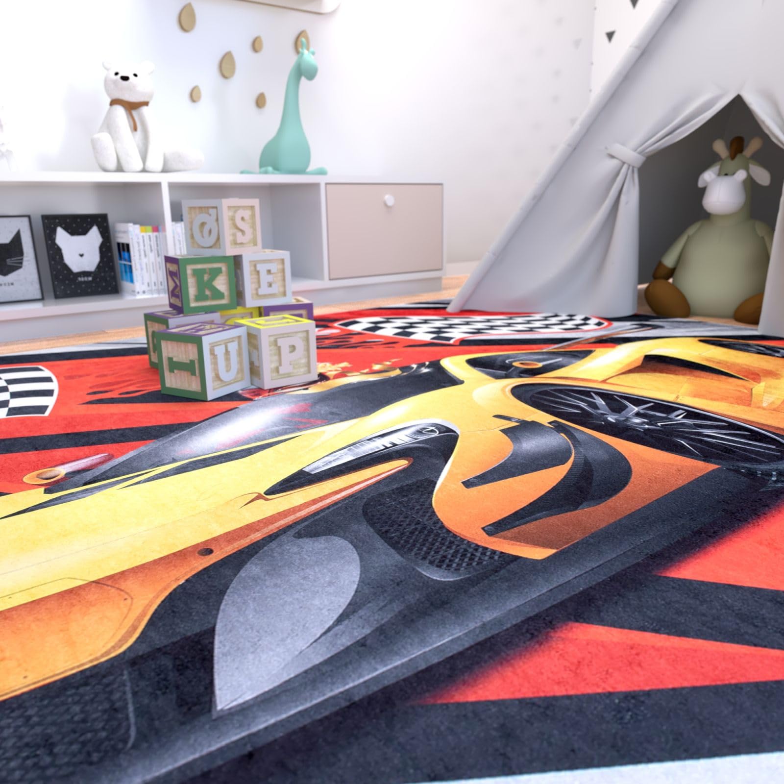 Mazovia Kinderzimmerteppich Antirutsch - Waschbar bis 30 Grad - Panda Tiere - Kurzflor Kinderteppich für Kinderzimmer - ÖKO-TEX Zertifiziert - Rot 120 x 170 cm