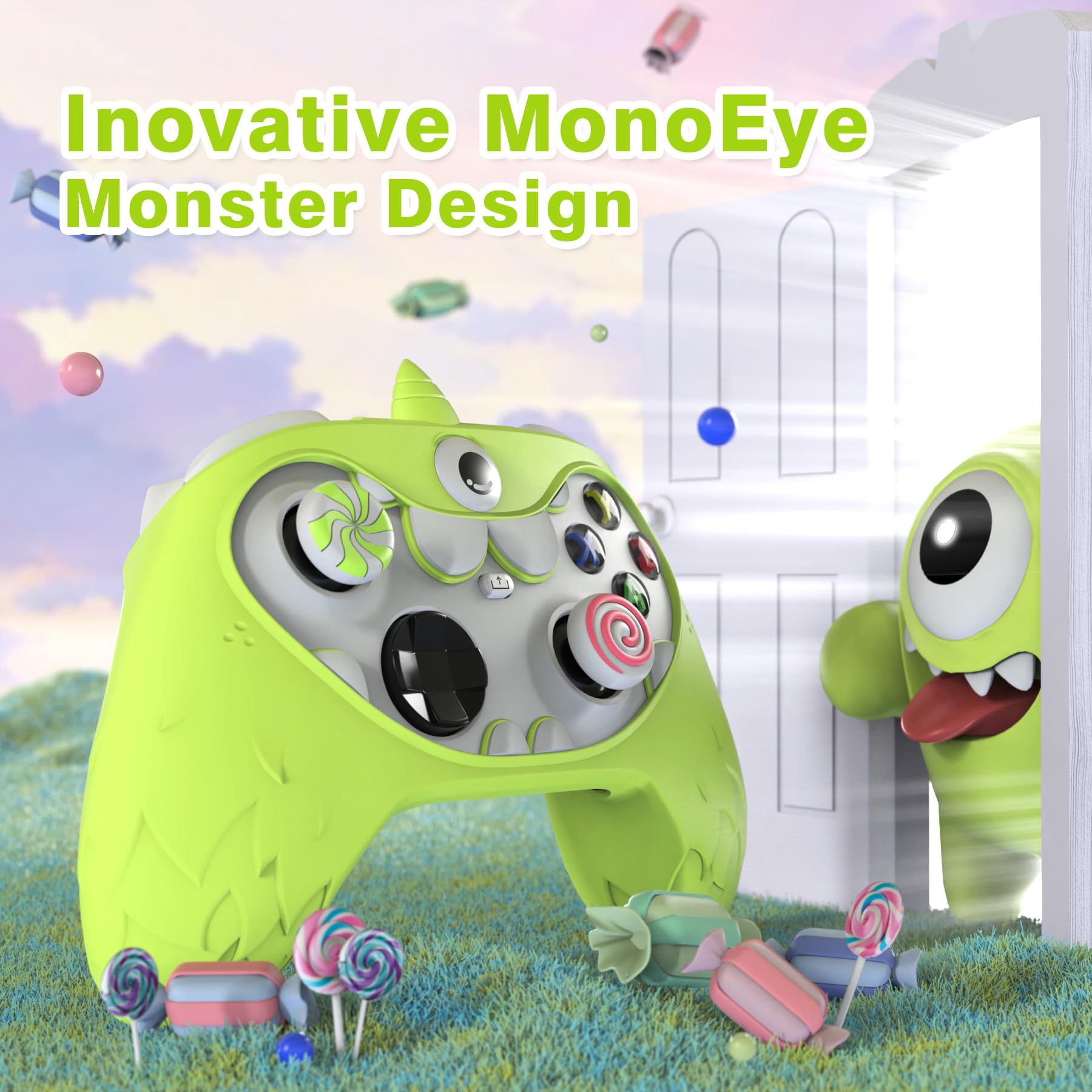 PlayVital Funda de Silicona Antideslizante para Xbox Series X & S, Cubierta Protectora con Tapas de Joystick y Pegatinas Decorativas para Xbox Core, Diseño Único de MonoEye Monster (Verde)