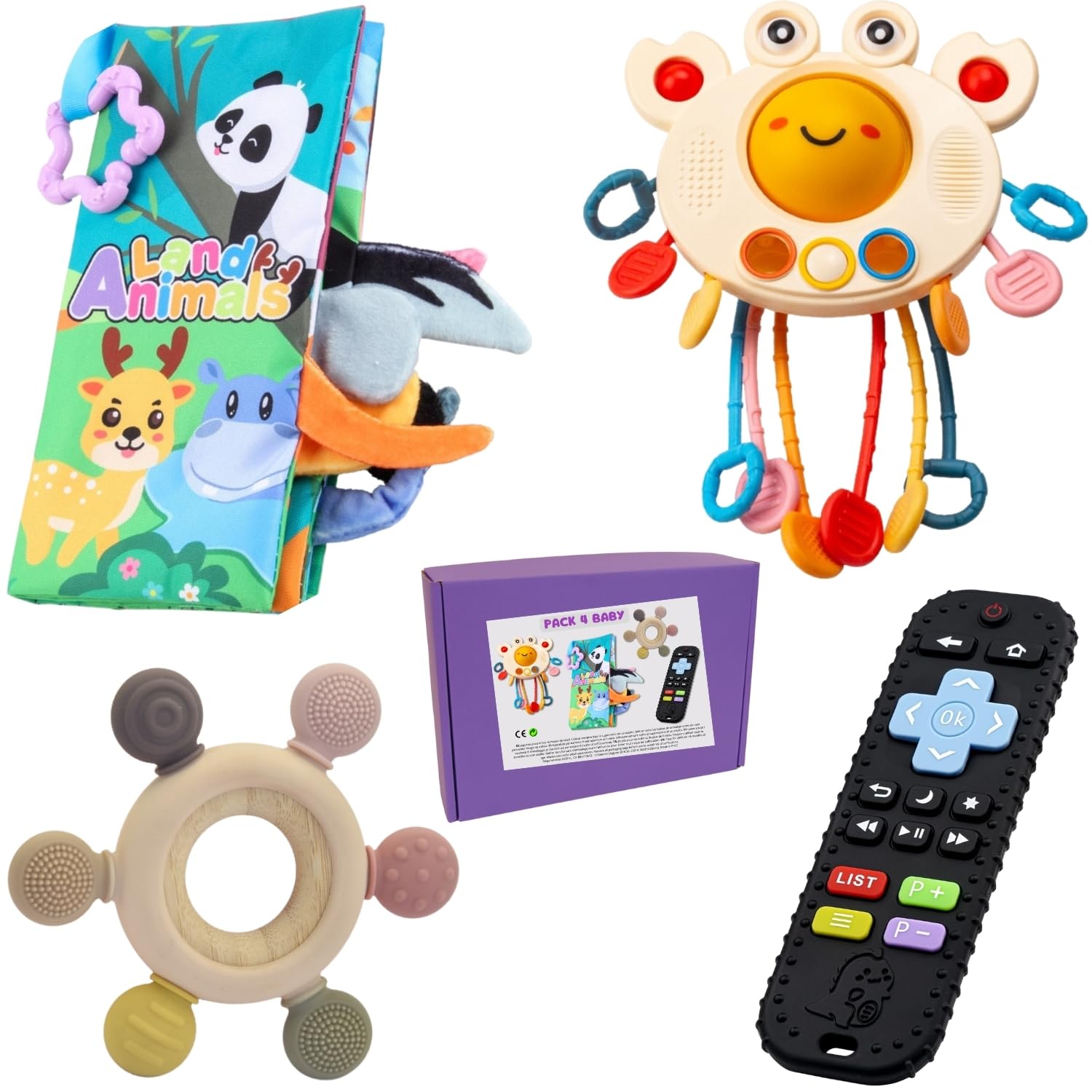 4 PCS Juguetes Bebés 6 a 12 Meses, Juguetes Montessori Sensoriales, Set Regalo bebé 6 Meses 1 año, Incluye Juguete Actividad + Libro Tela Sensorial + Mando Silicona + Aro Mordedor (Pack 4 Juguetes)