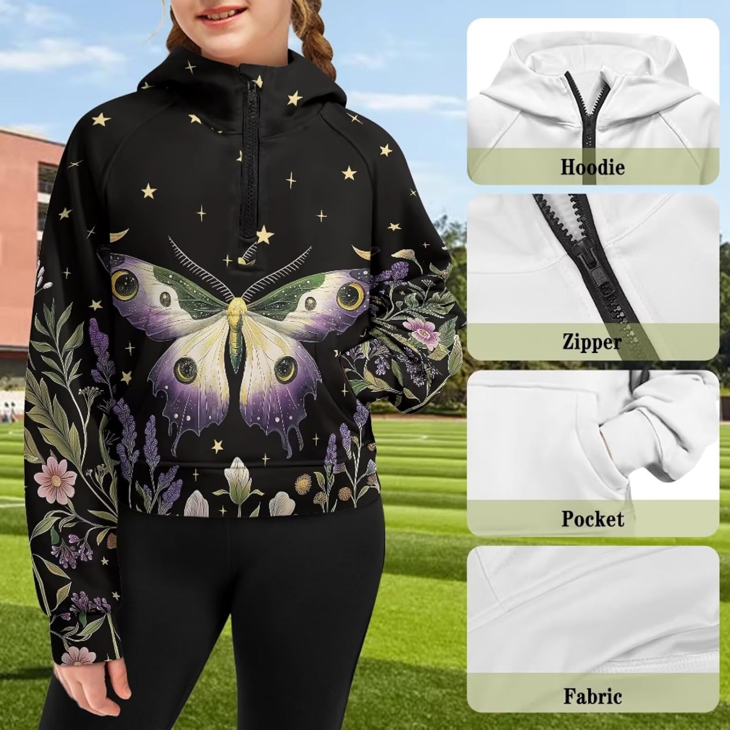 Capybara Flower Girl's Cropped Hoodies Long Sleeve Half Zip Sweatshirts for Kids Pullover Top Graphic Sweater Coat